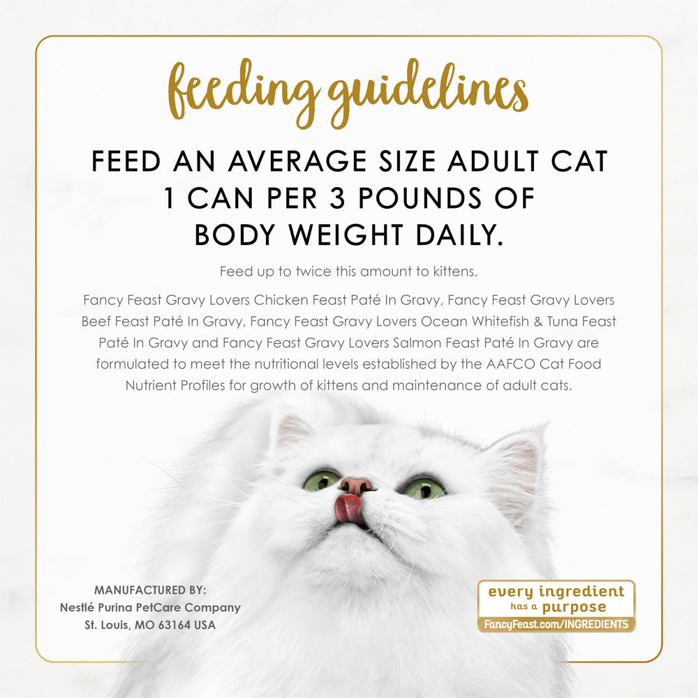 Fancy Feast can beside a measuring scale showing pack size and serving quantity