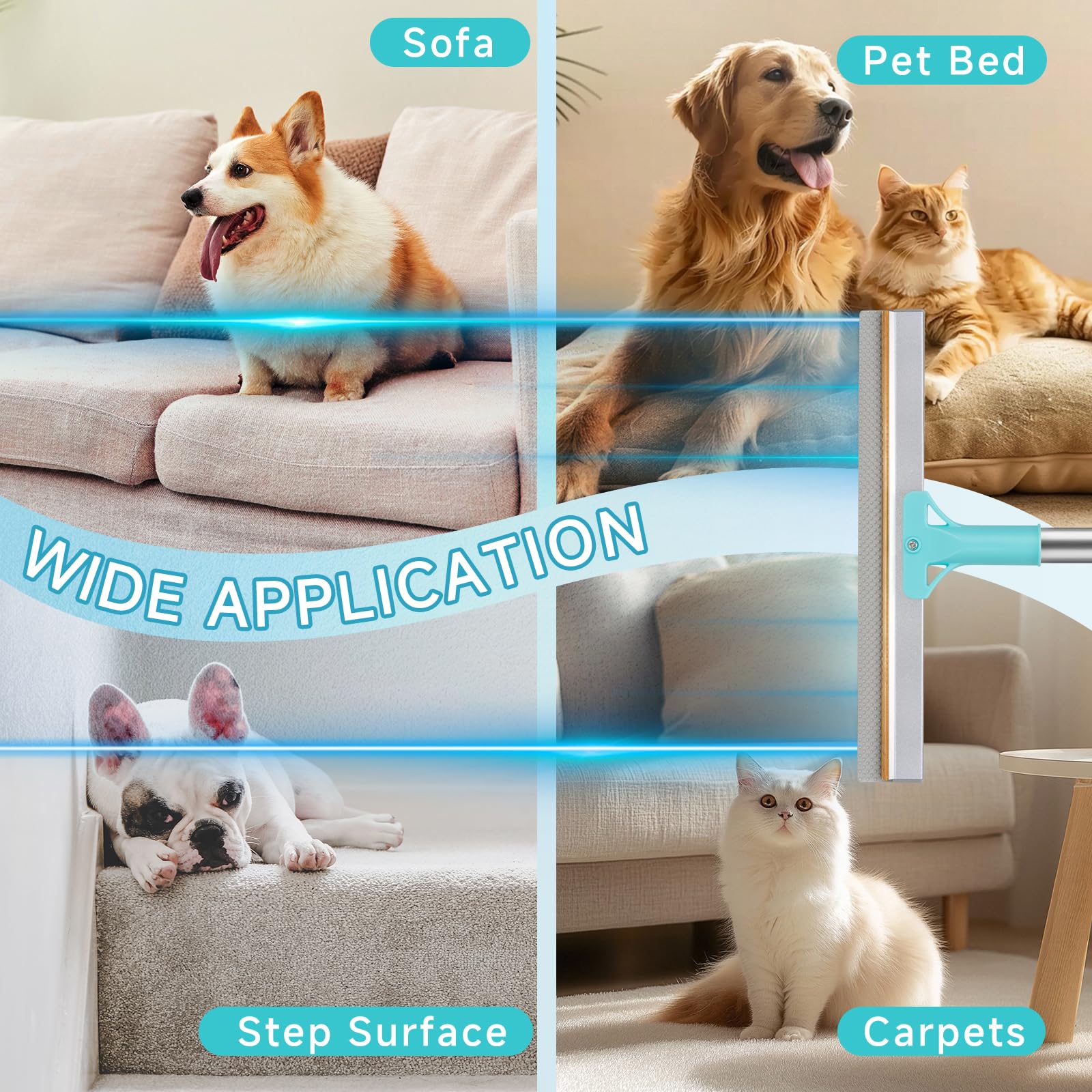 FancyMouse in use on upholstery showing safe pet hair removal from sofa fabric