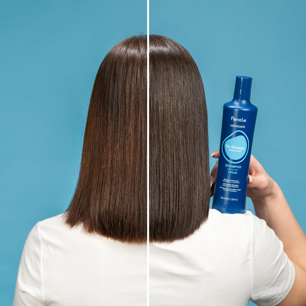 Fanola Wonder Blue on hair in natural light showing shine, Fanola restores cool luminosity