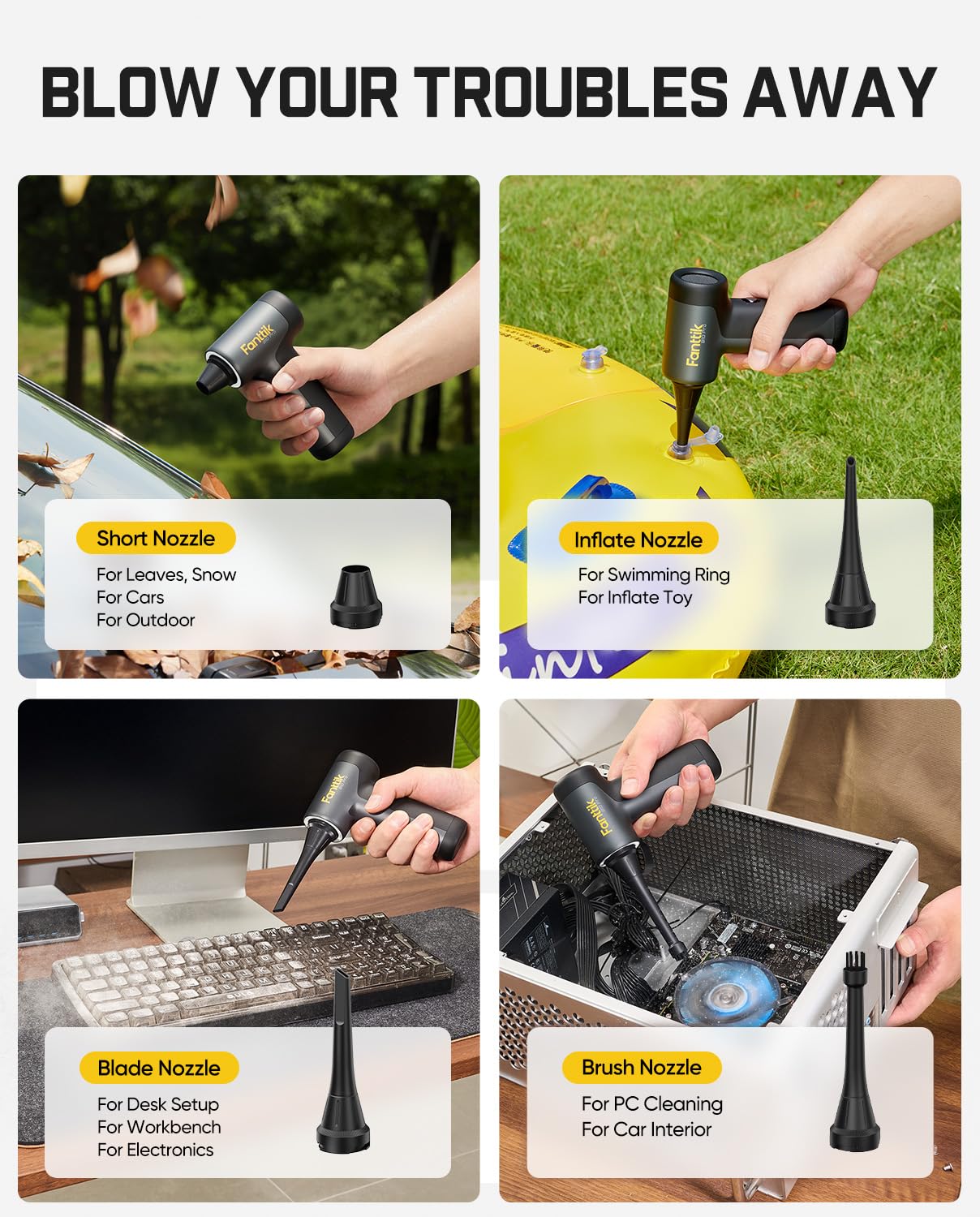 Fanttik B10 Pro blowing dust from keyboard highlighting safe electronic cleaning
