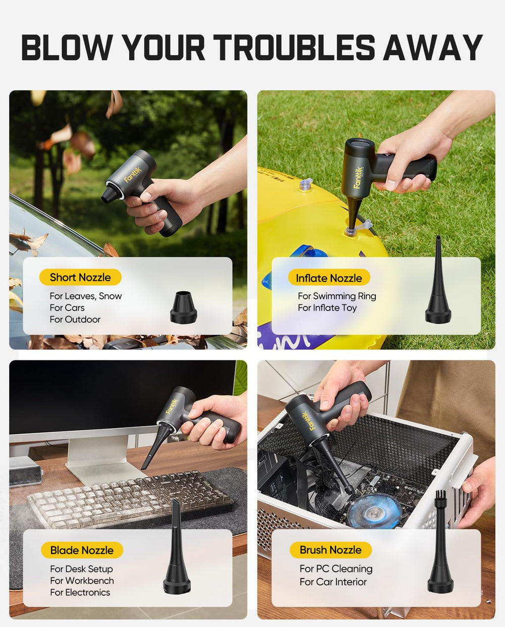 Fanttik B10 Pro blowing dust from keyboard highlighting safe electronic cleaning