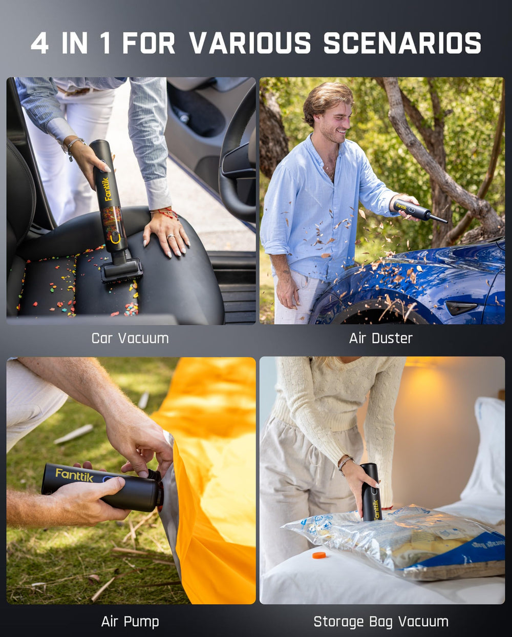 Fanttik in use cleaning a car seat, removing crumbs and pet hair efficiently