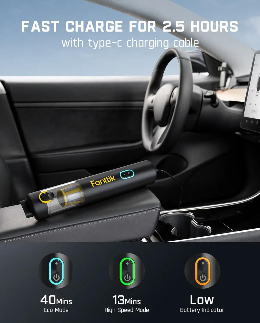 Fanttik storage bag beside vacuum illustrating compact size and tidy in-car storage