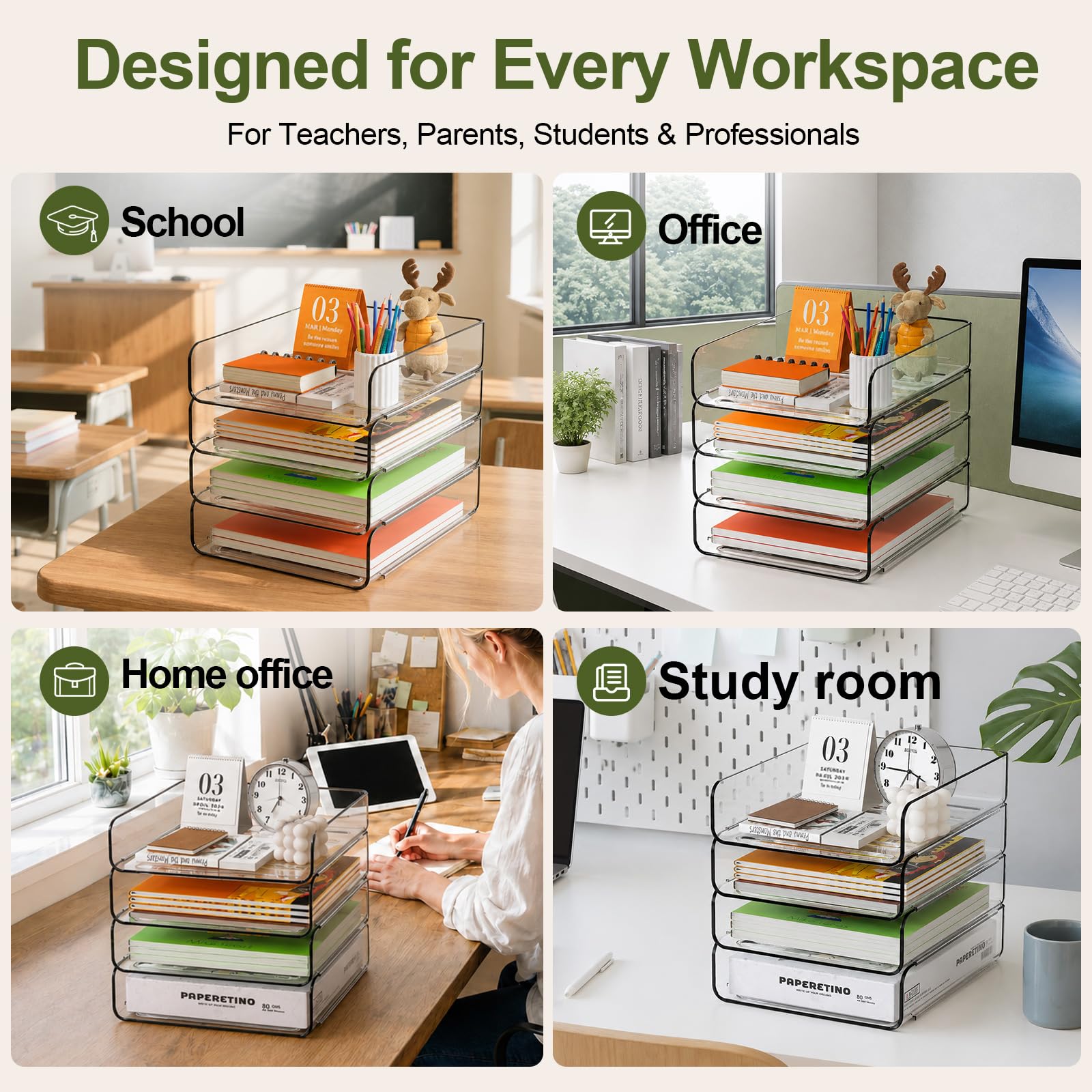 FANXIYQ trays filled with A4 notebooks demonstrating organized storage benefit