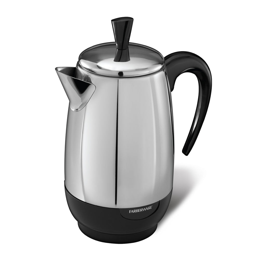 Farberware front view showing stainless percolator and handle for durable brewing