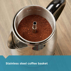 Farberware side view highlighting no-drip spout for cleaner pouring