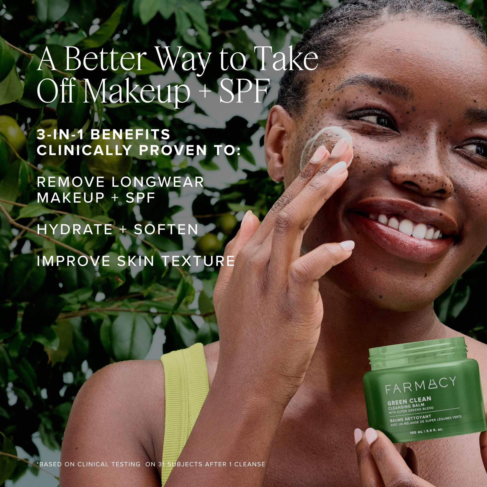 Farmacy balm melting on skin demonstrating effortless makeup dissolution benefit