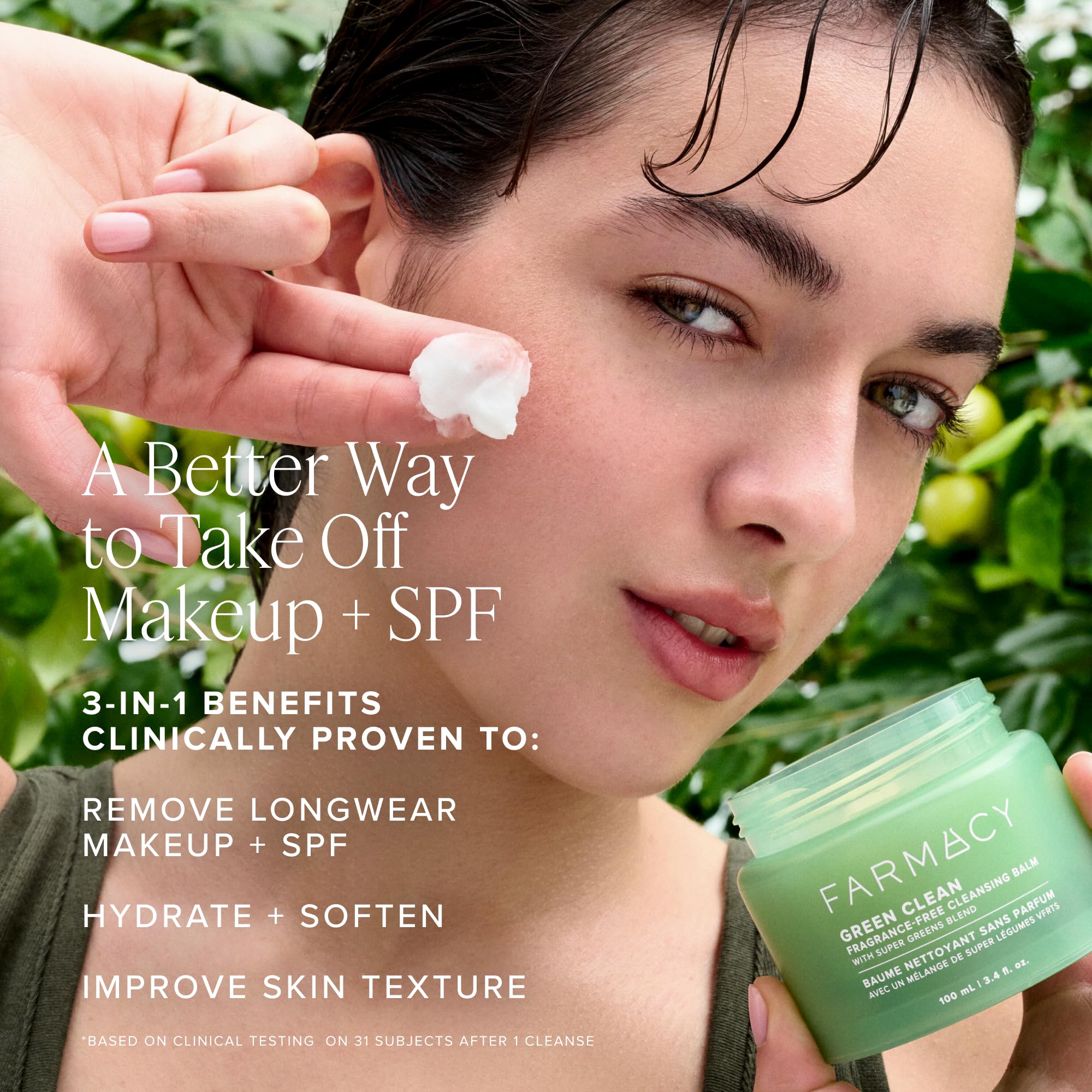 Finger scooping Farmacy balm demonstrating easy application and melting action