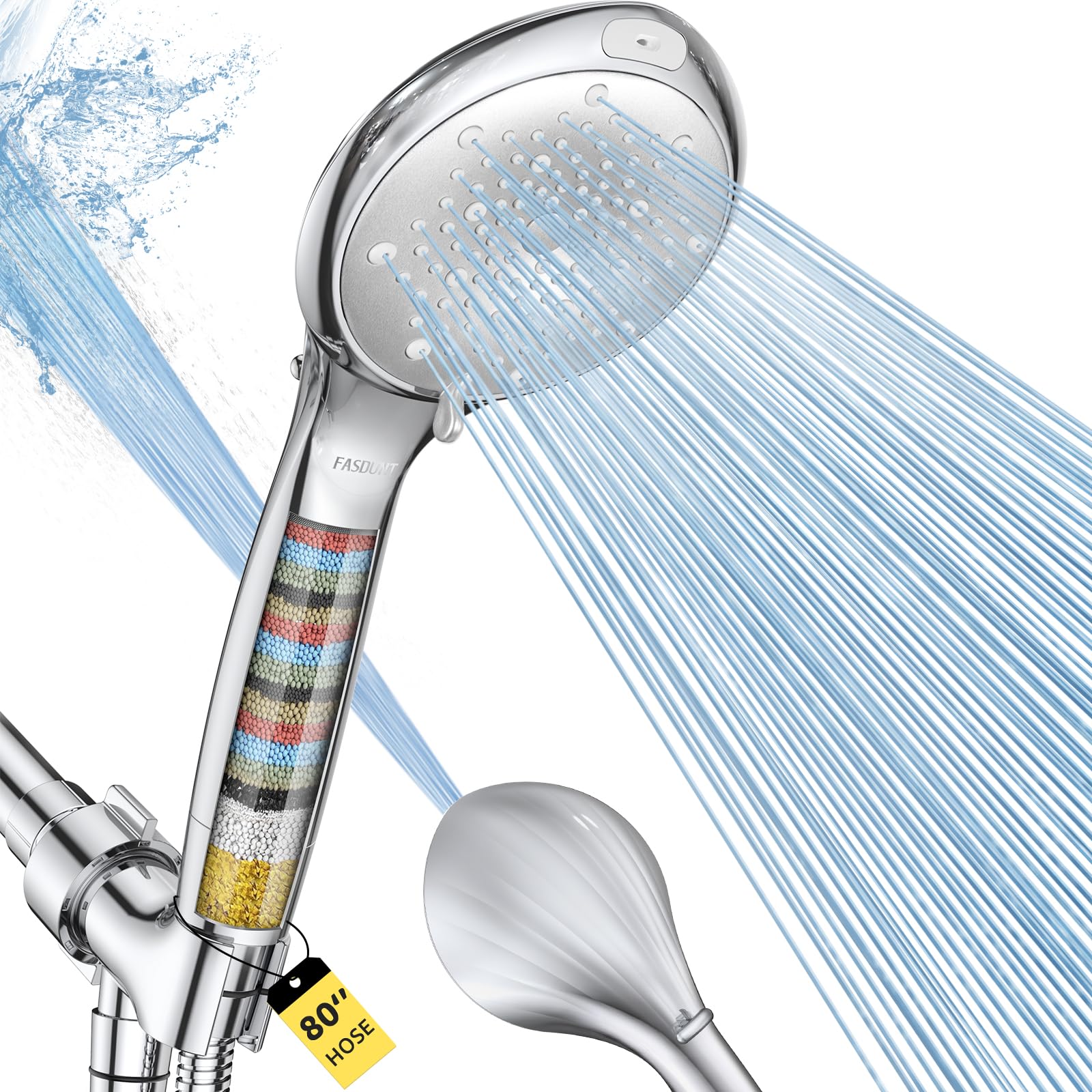 FASDUNT chrome front view showing dual shower panel and handheld, enhances bathroom aesthetics