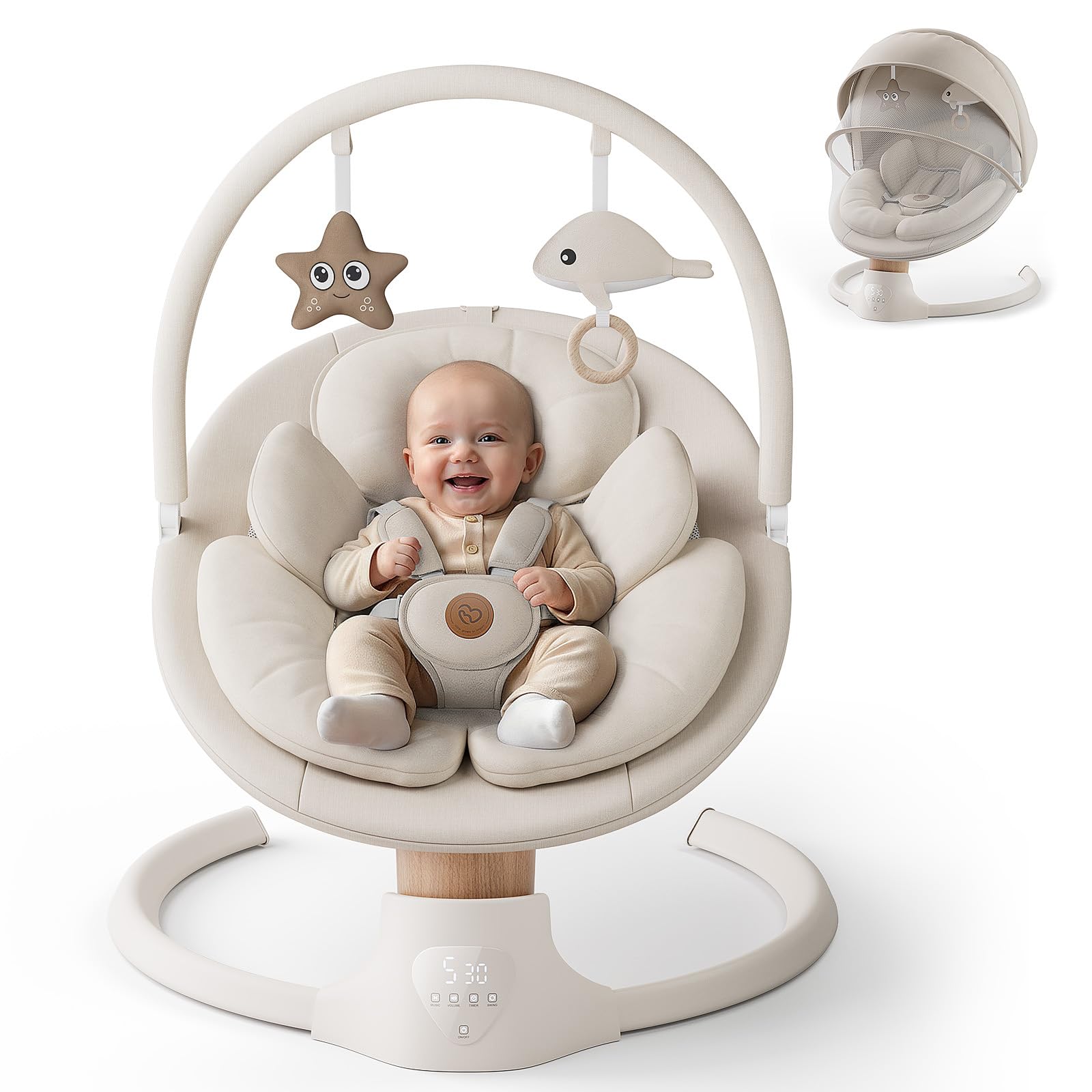 FasonBaby swing next to a stuffed toy illustrating compact size and scale