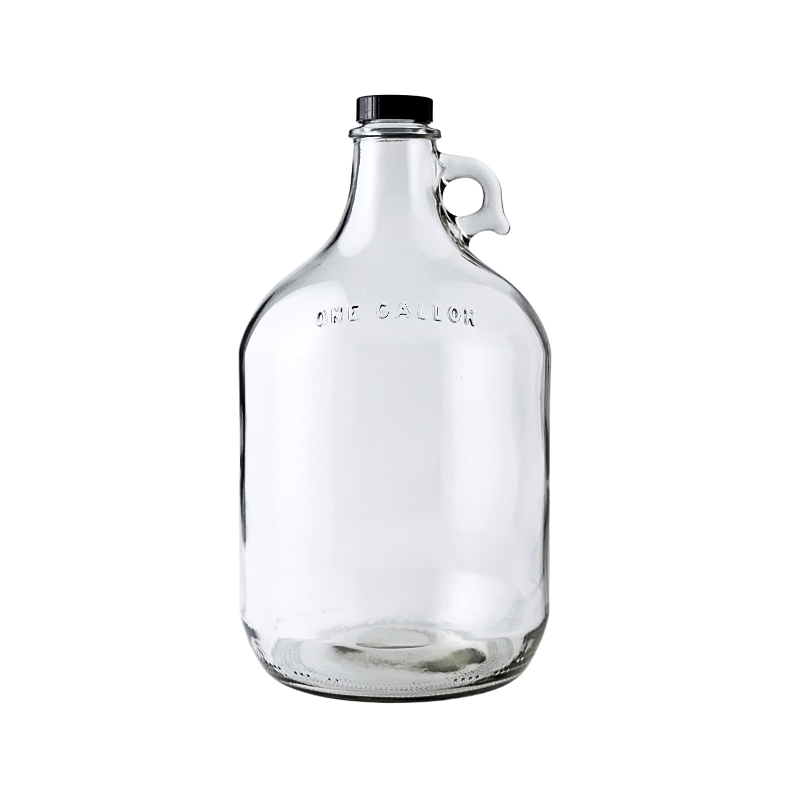 FastRack front view of 1 gallon clear glass jug showing capacity and label and convenient storage