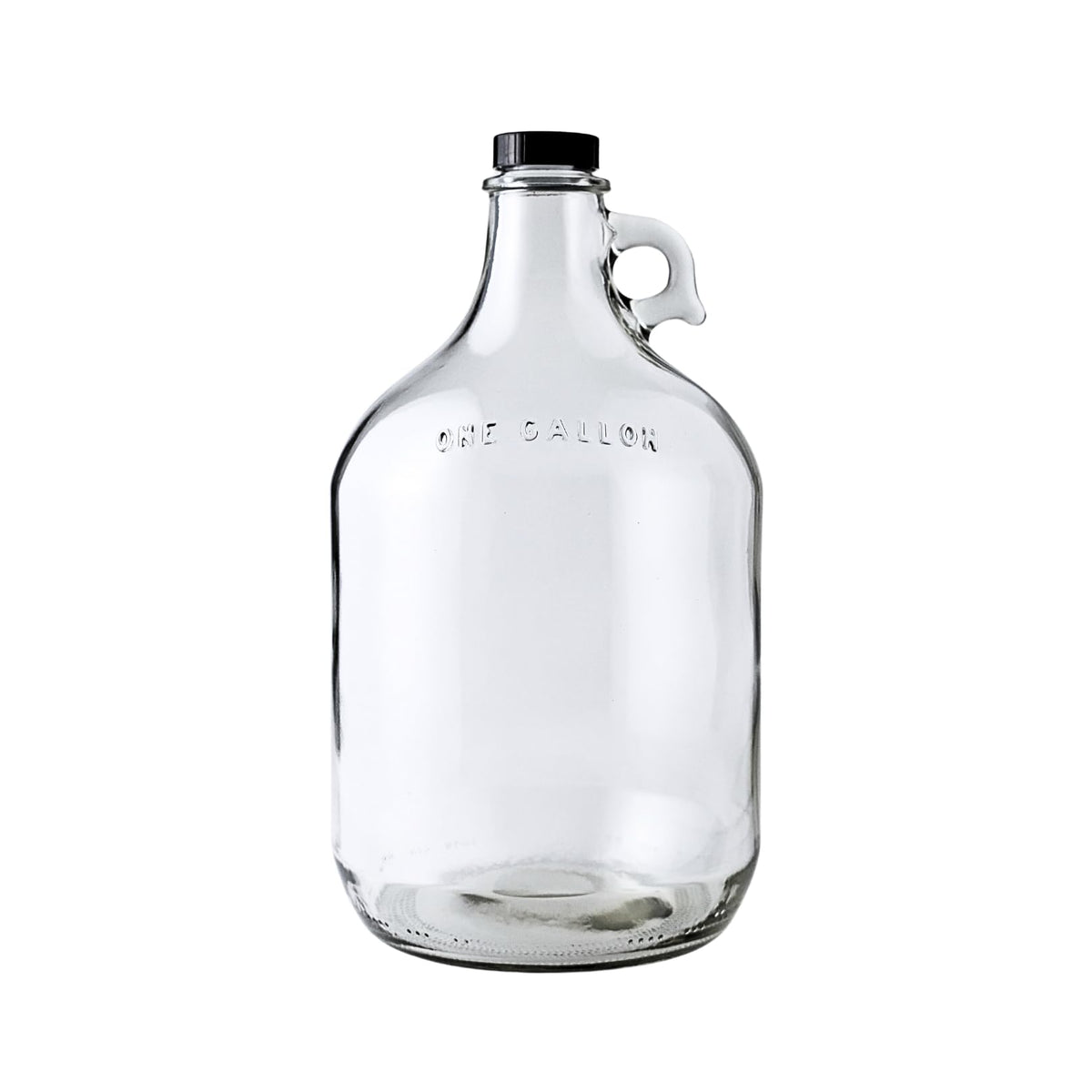 FastRack front view of 1 gallon clear glass jug showing capacity and label and convenient storage