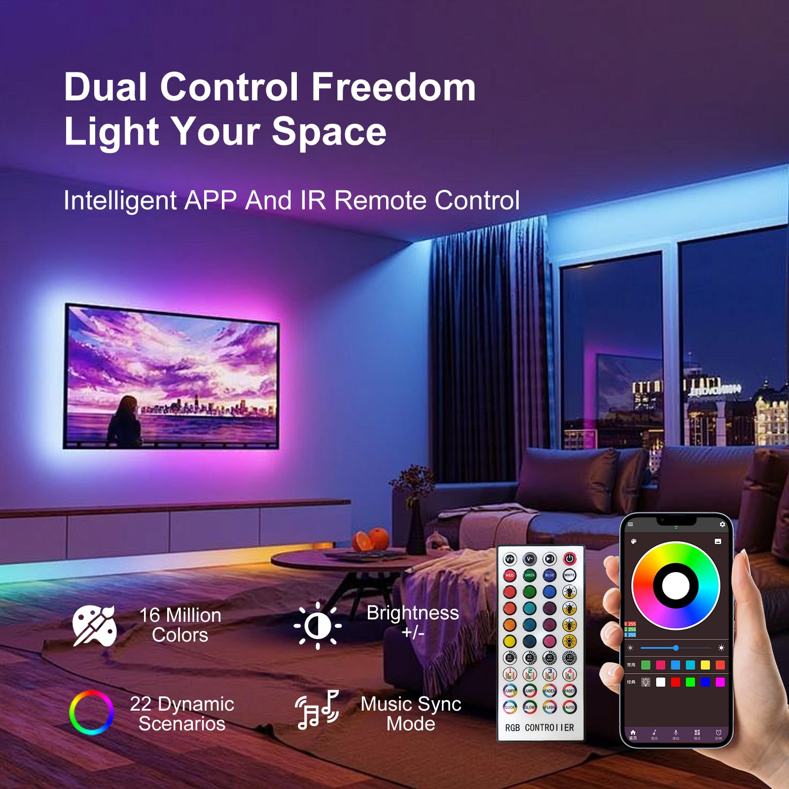 FBY infrared remote and Bluetooth controller close-up, enables quick mode and brightness changes