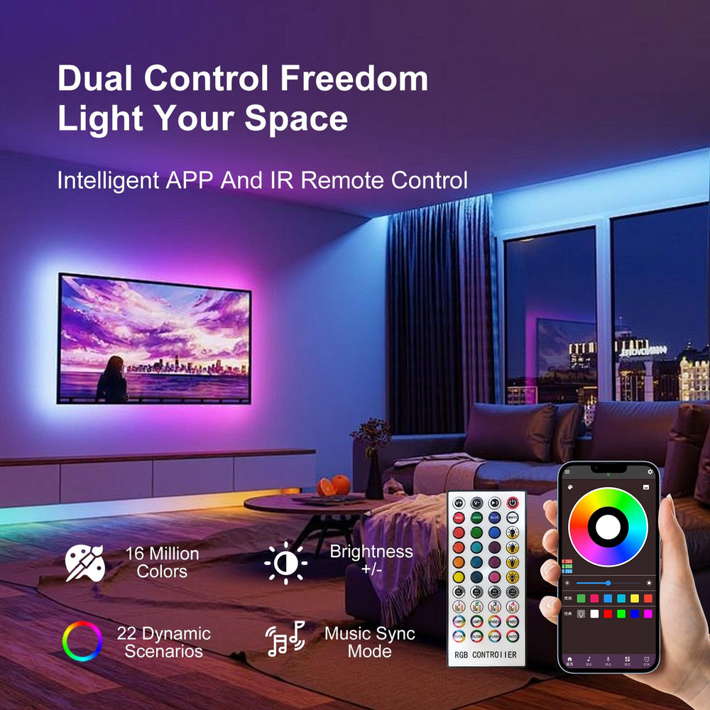 FBY infrared remote and Bluetooth controller close-up, enables quick mode and brightness changes