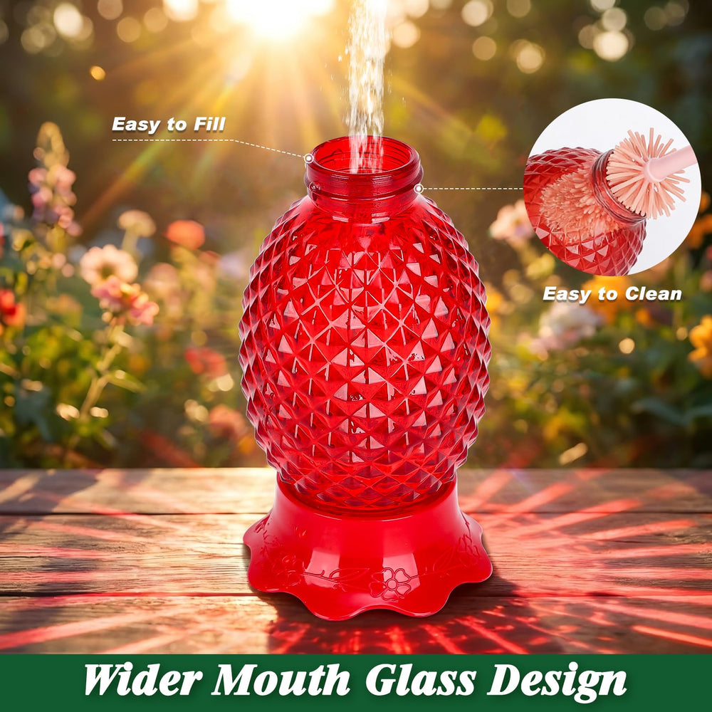 Fchstaer feeders hanging on a patio adding color and bird activity