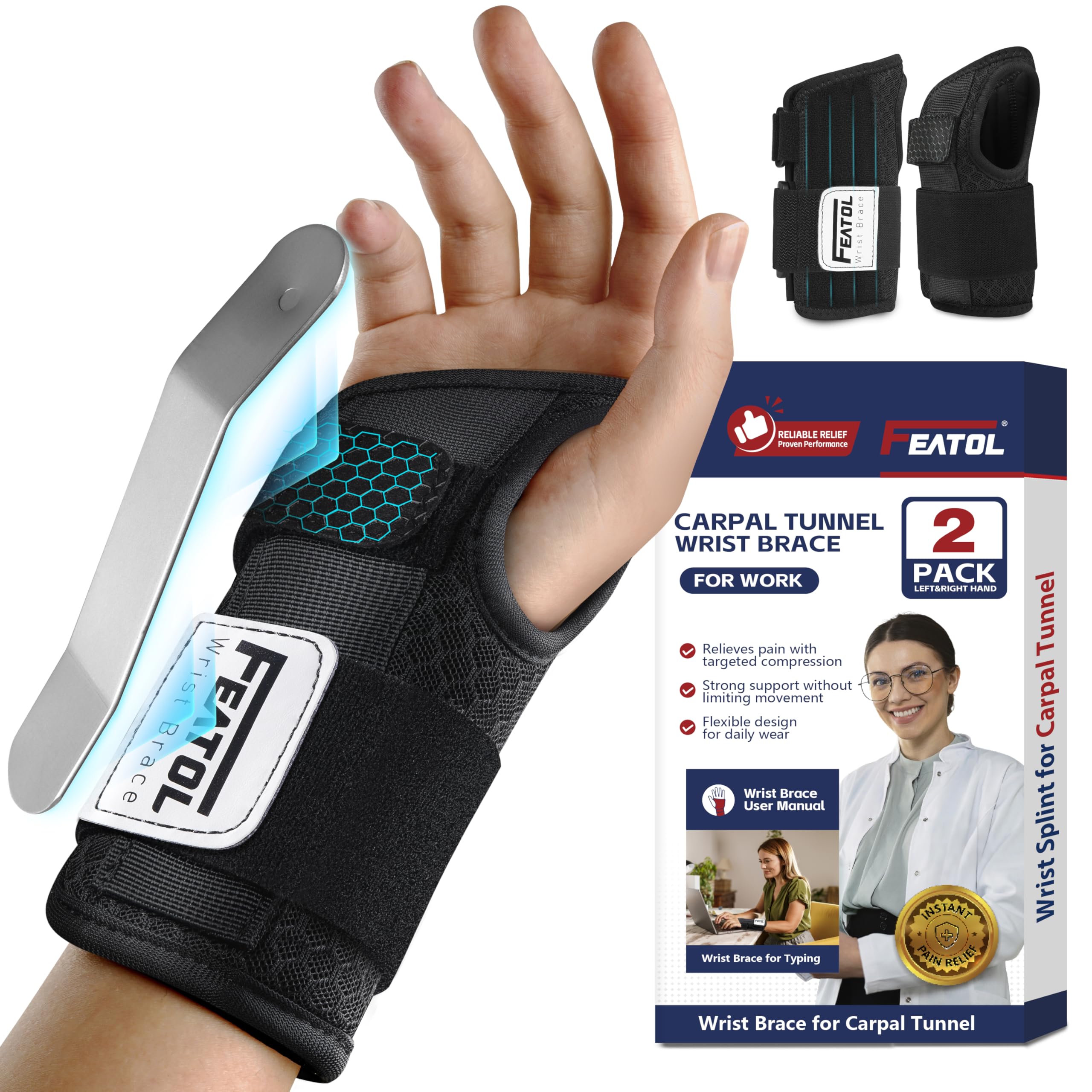 FEATOL front view of packaged 2-pack wrist braces showing contents and sizing