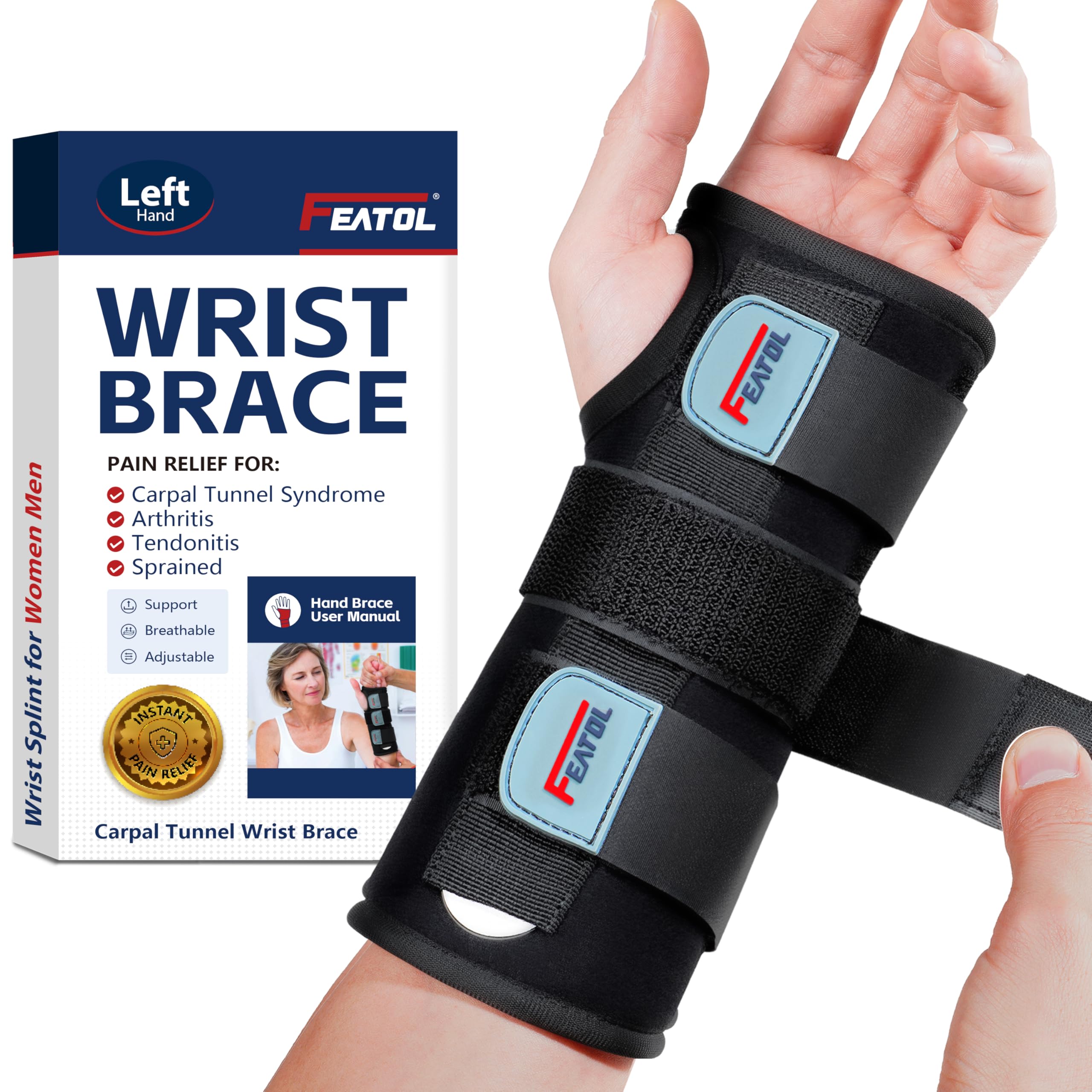 FEATOL front view of left-hand wrist brace showing secure fit and comfort