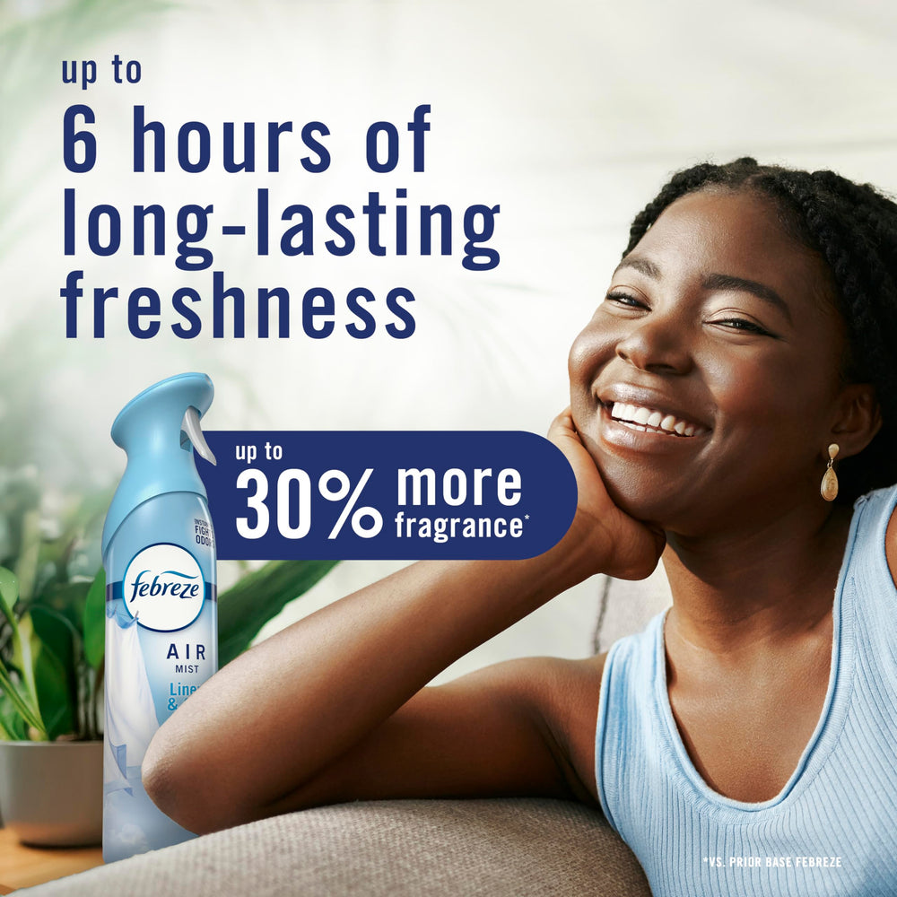 Febreze on bathroom shelf indicating reliable freshness for small spaces