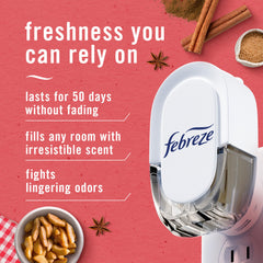 Febreze refill bottle close-up highlighting scent oil and longevity benefit