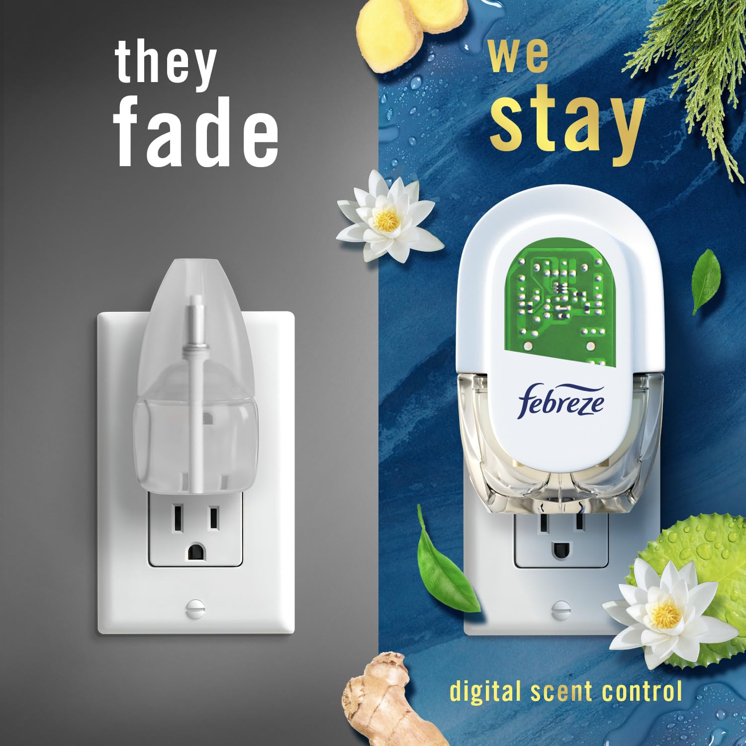 Febreze plug-in on bathroom vanity offering continuous freshening