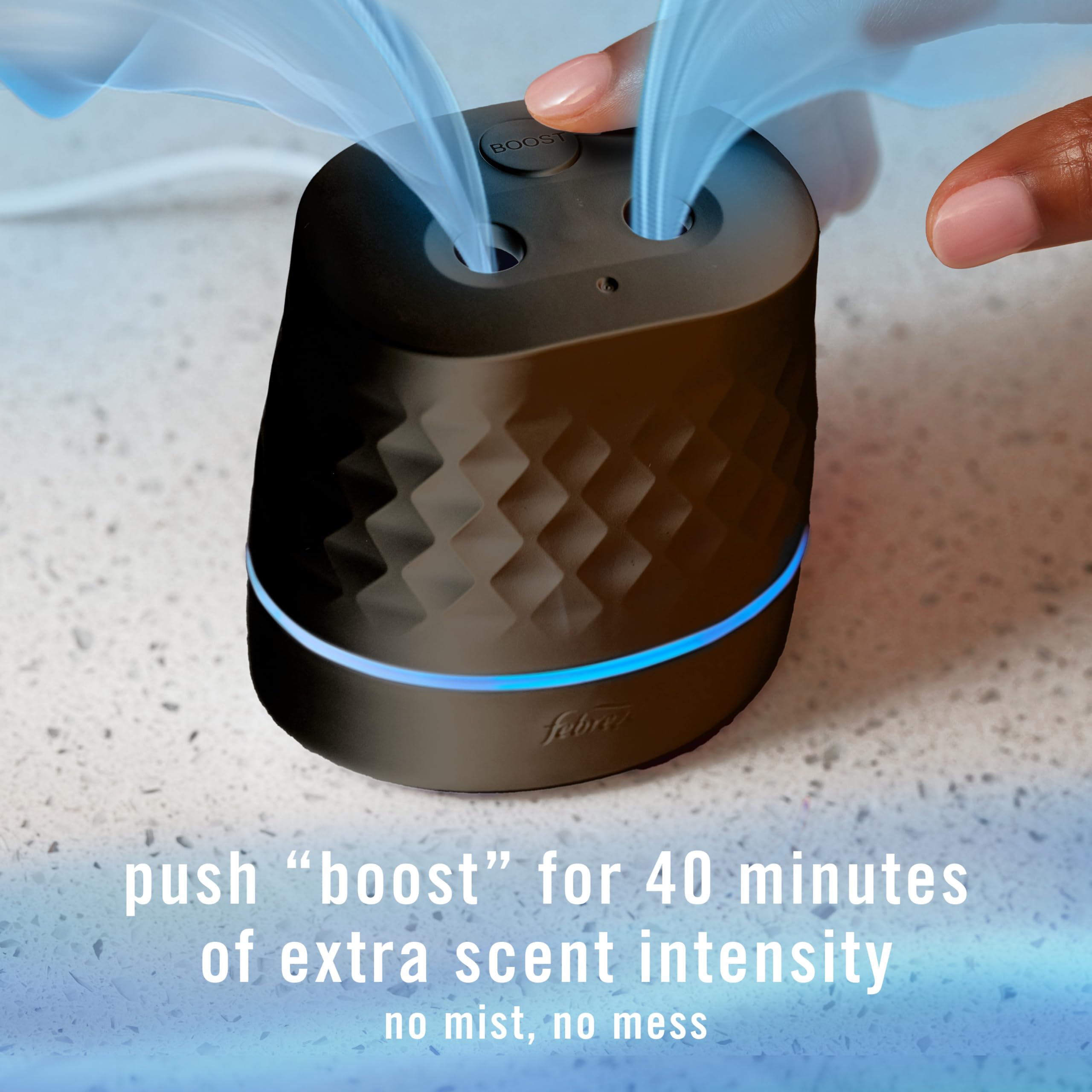 Febreze Plug placed on a bathroom shelf demonstrating discreet styling and reliable odor control