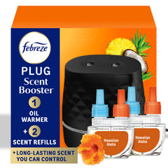 Febreze Plug Scent Booster front view showing sleek black design and controls for versatile placement
