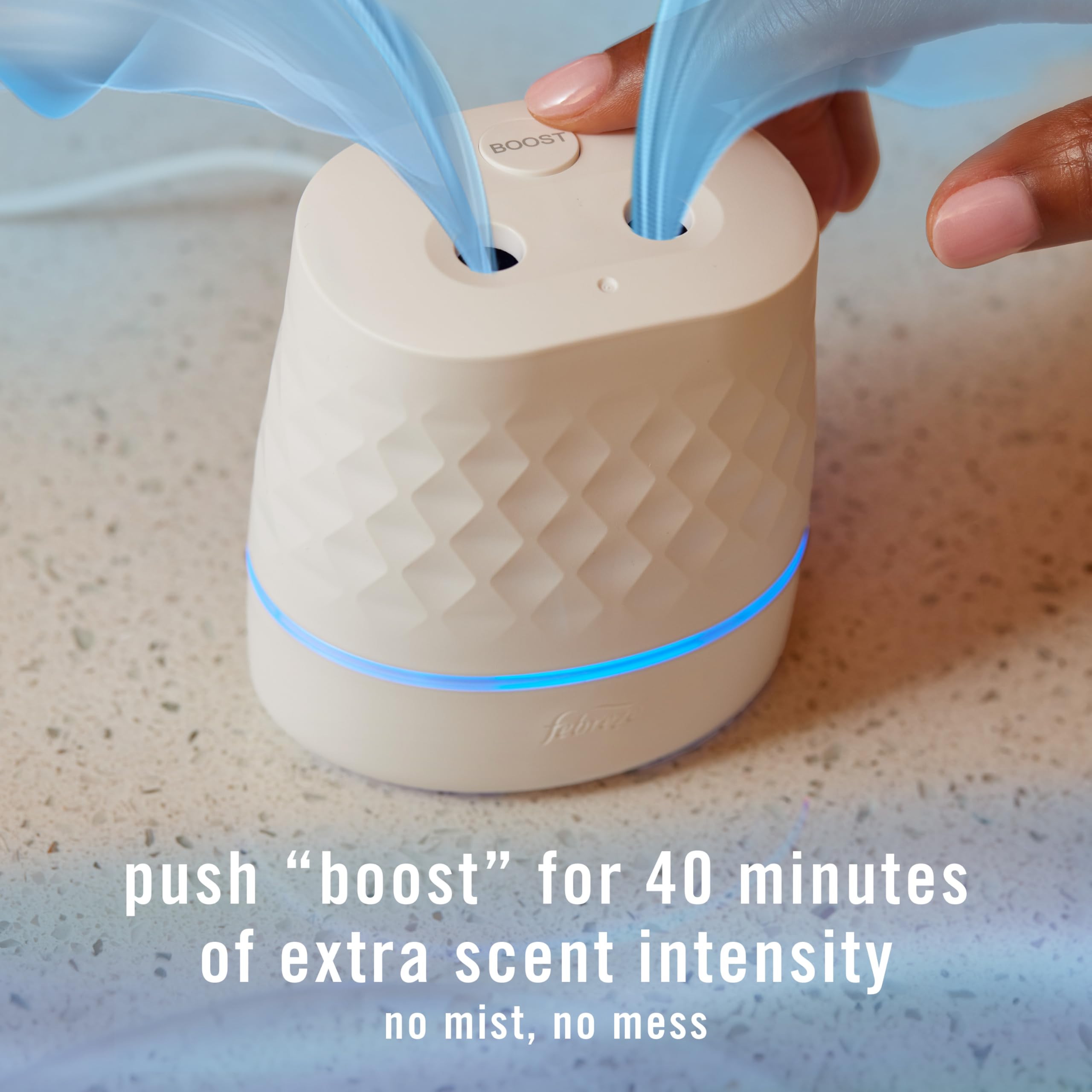 Febreze PLUG on open shelf showing how the design blends with décor