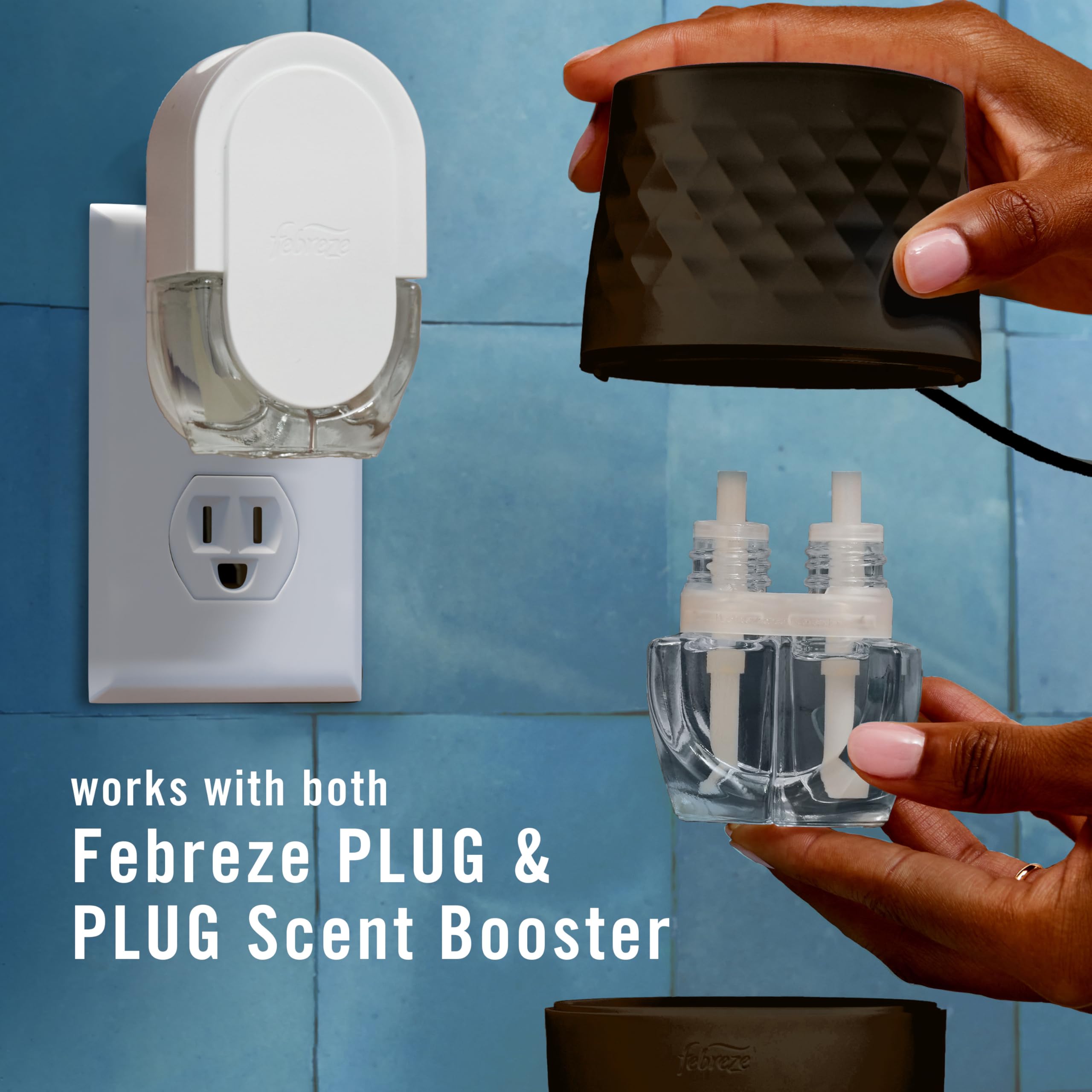 Febreze Plug held in hand for size comparison to show compact portability and placement options