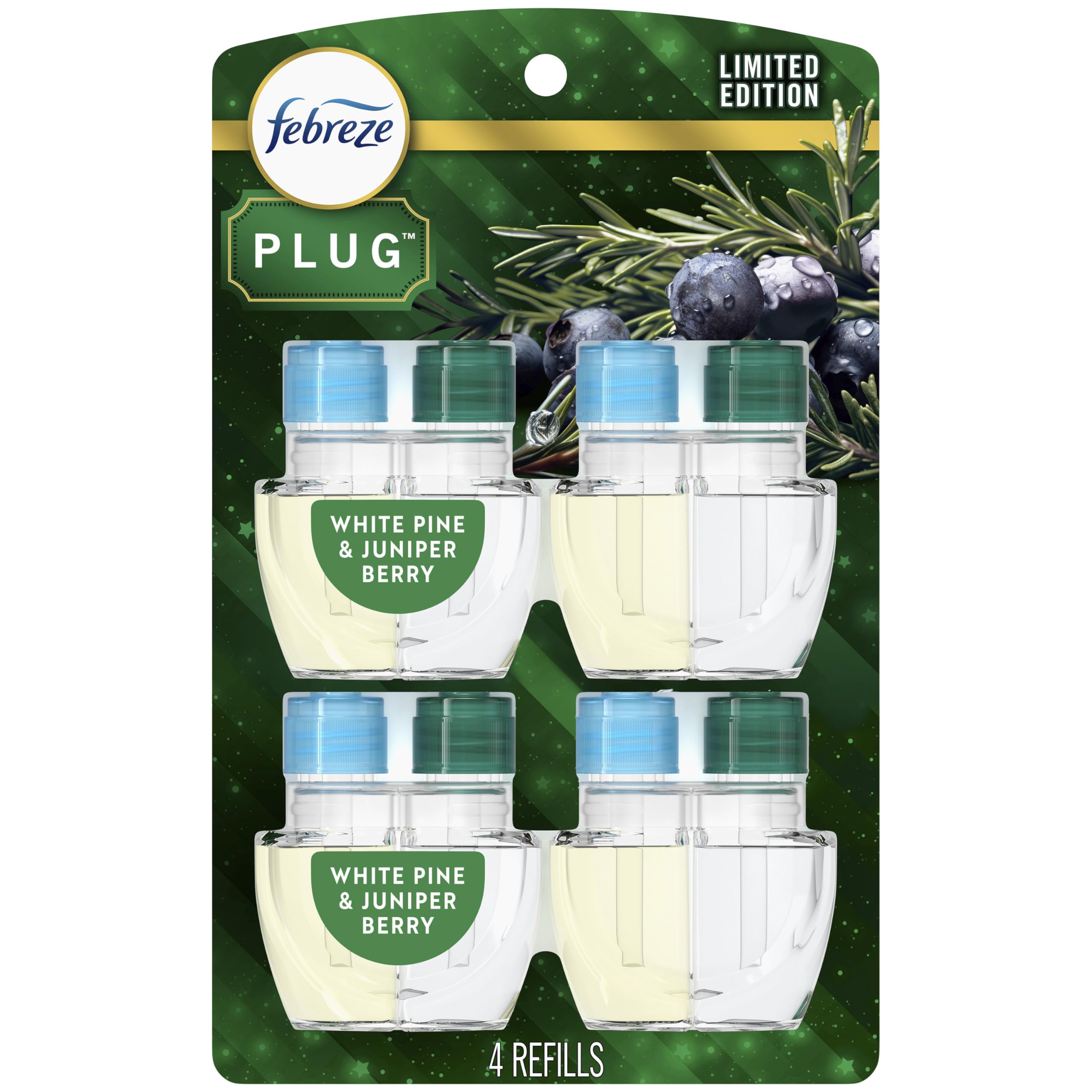 Febreze White Pine & Juniper Berry refill pack front showing scent and count benefit