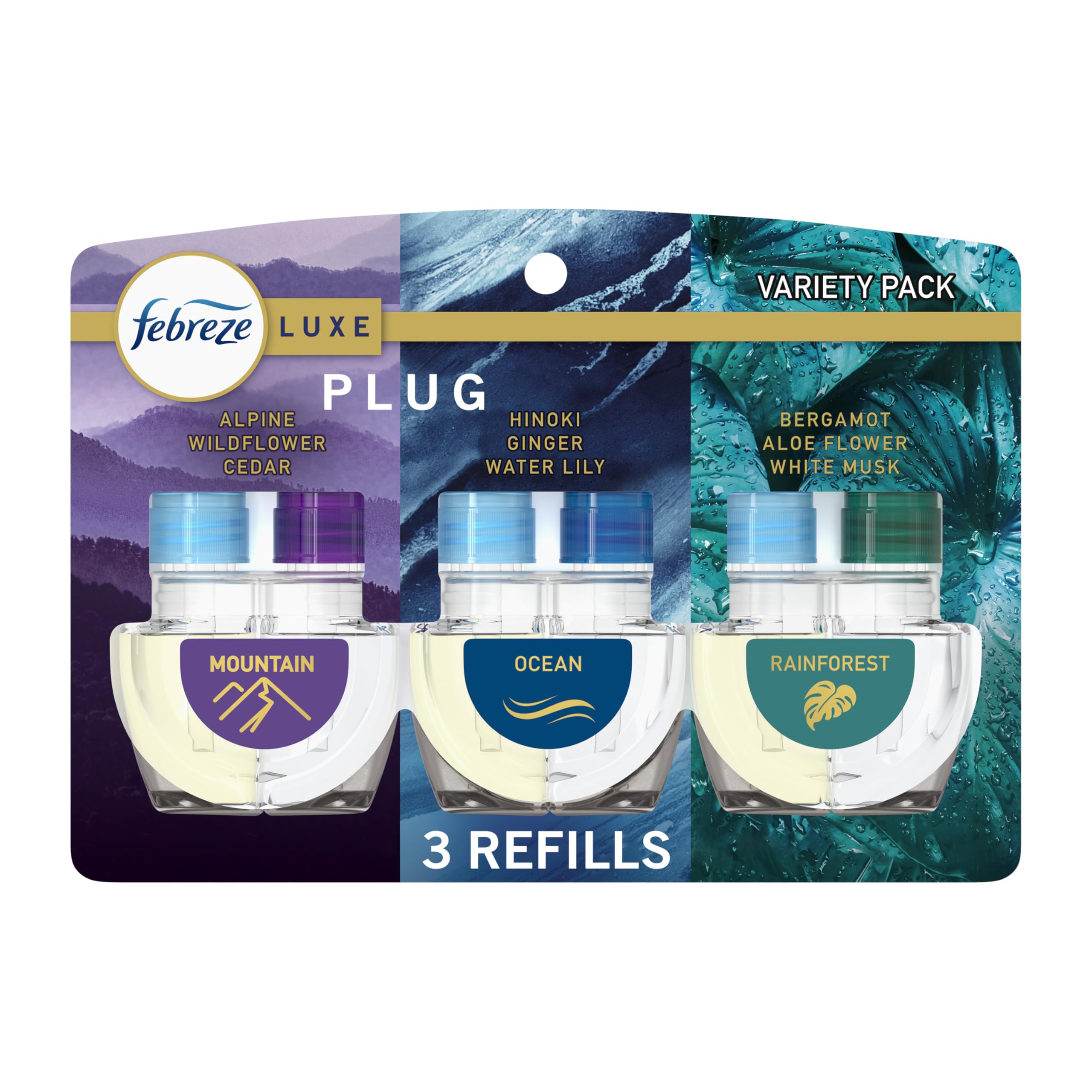 Febreze front packaging showing three scented oil refills and packaging benefit