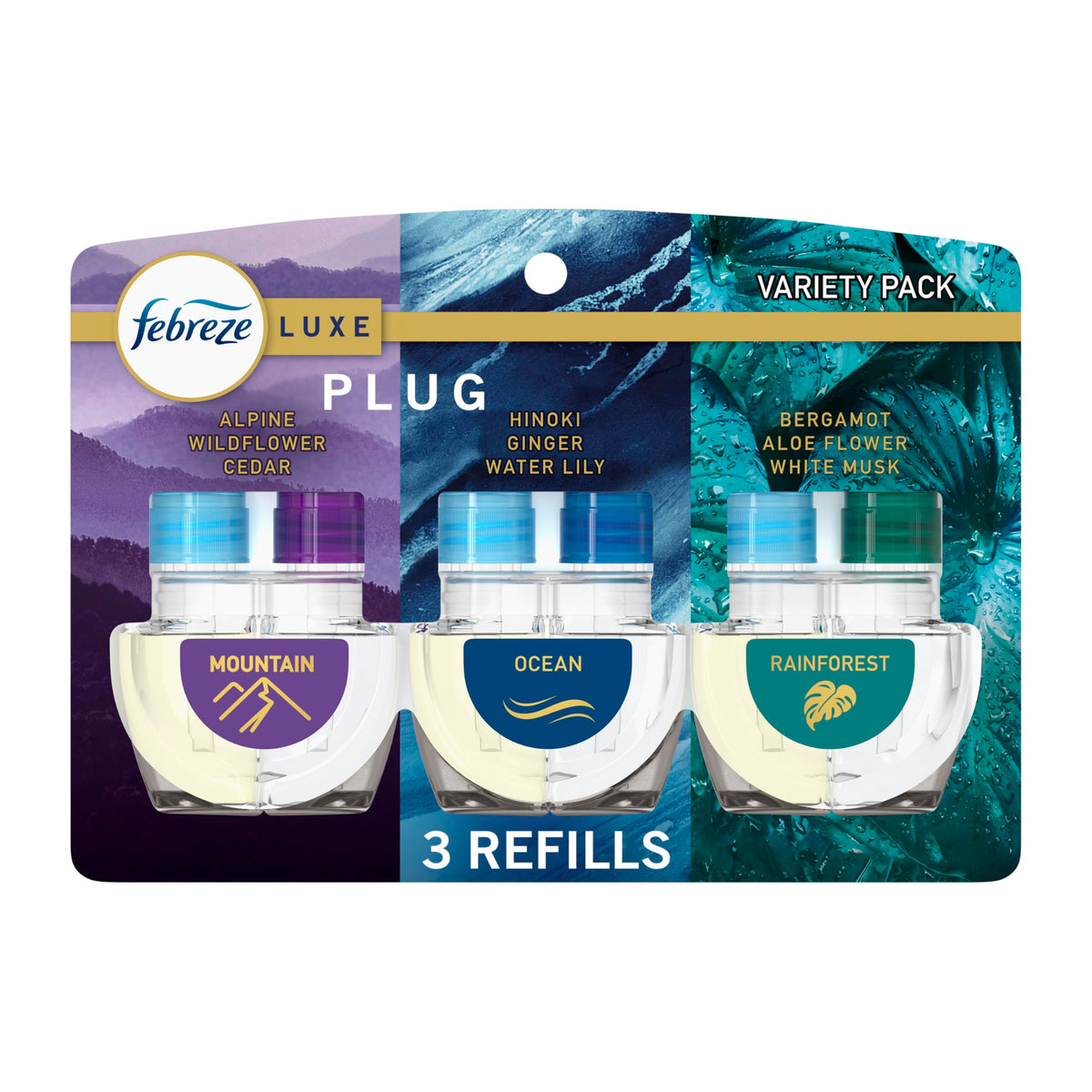 Febreze front packaging showing three scented oil refills and packaging benefit