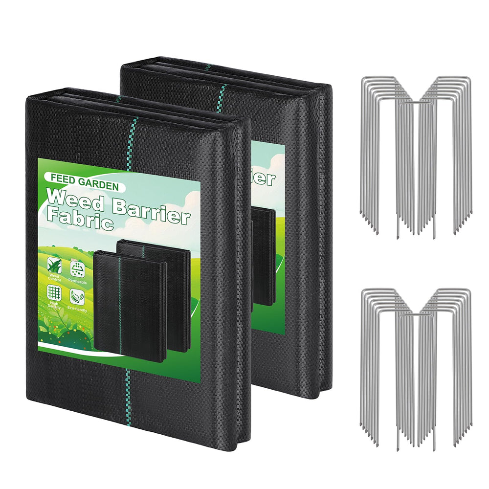 FEED GARDEN front packaging showing two folded 4x50ft sections and stakes for fast setup