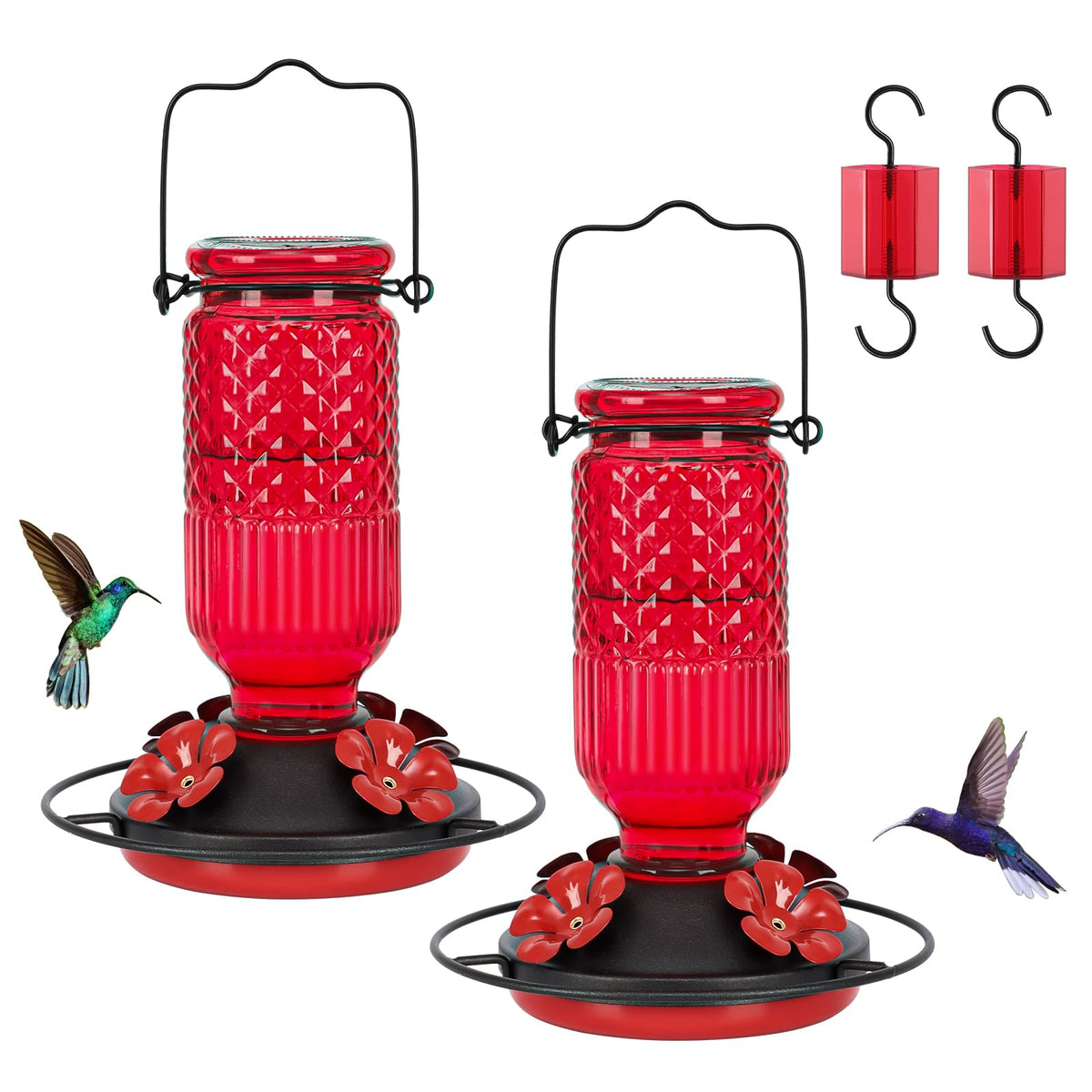 FEED GARDEN front view showing full assembled feeder and hanging hook, clear nectar visibility