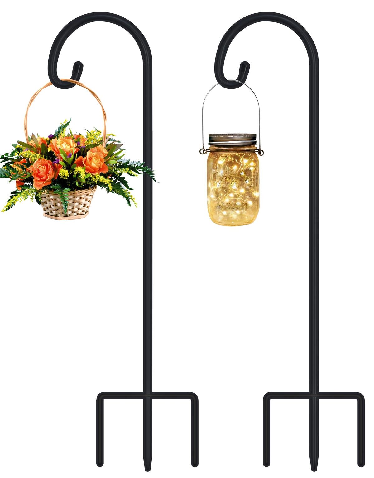 FEED GARDEN front view of two shepherd hooks showing compact design and curb appeal