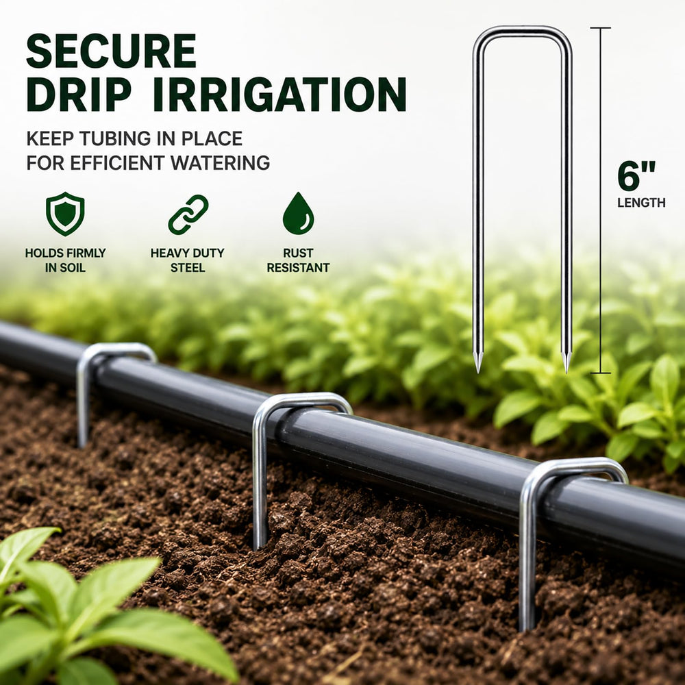 FEED GARDEN stakes inserted in sod holding turf securely in place