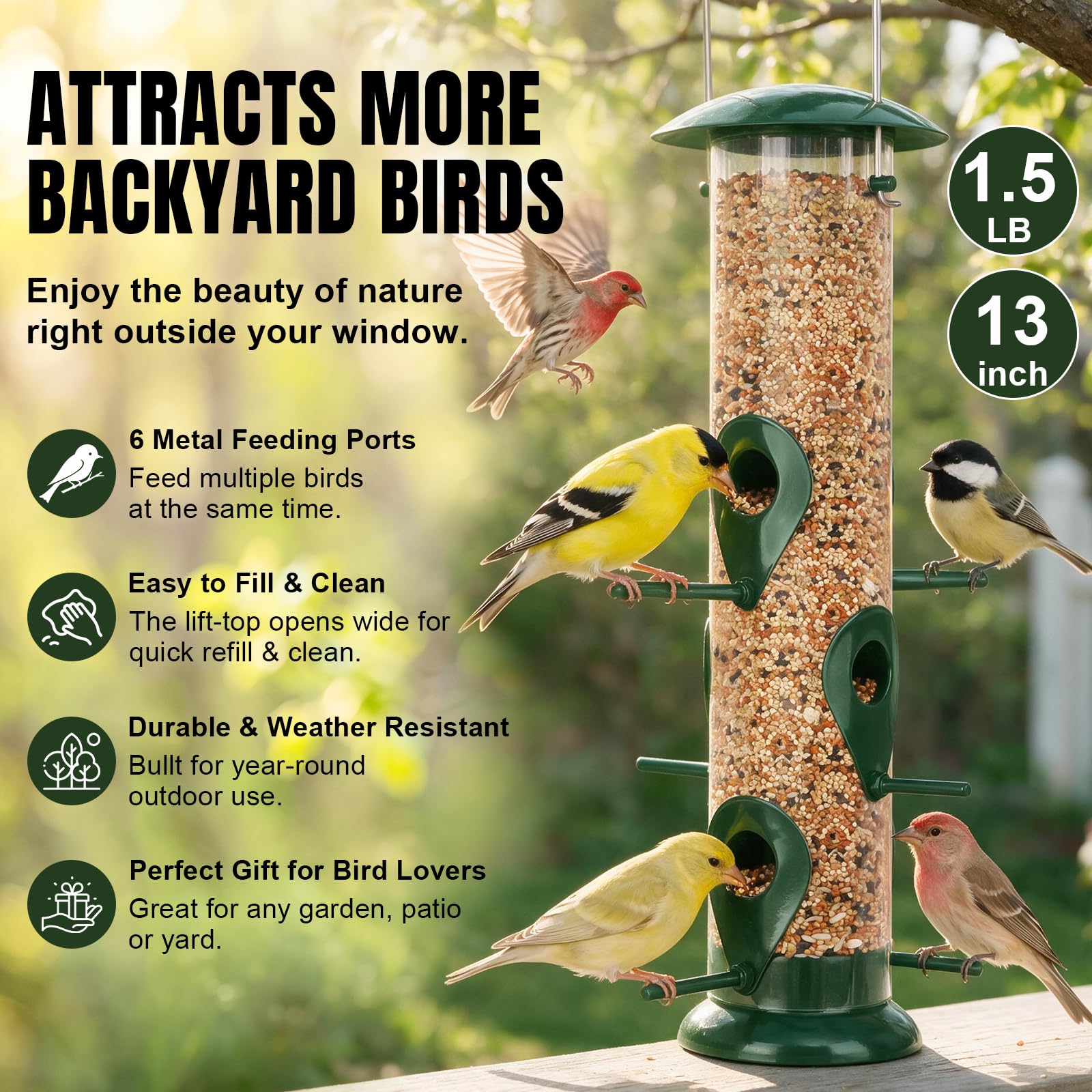 FEED GARDEN feeder with lift-up lid open for quick refill and mess-free filling