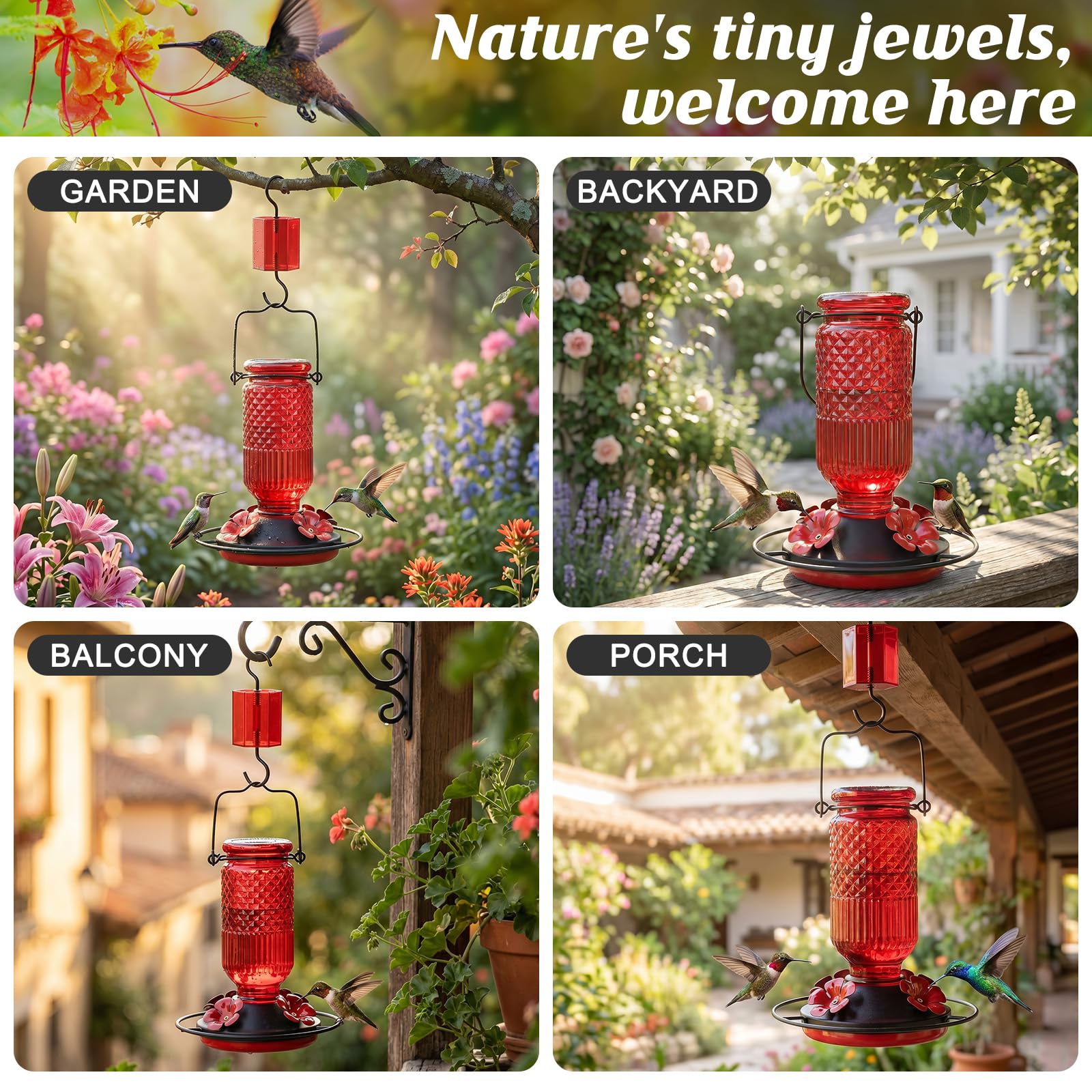 FEED GARDEN feeder next to hummingbird for size comparison and scale reference