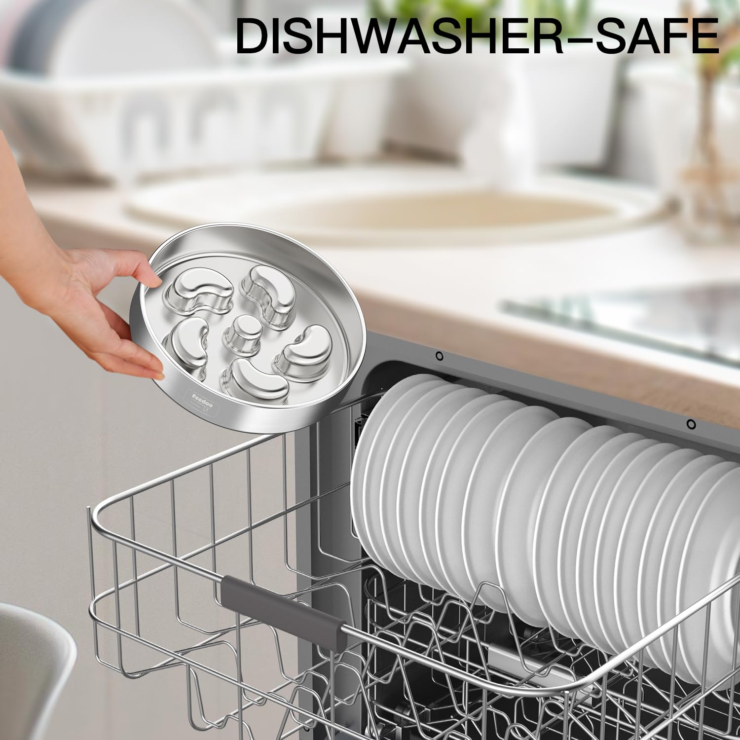 Feedoo bowl in dishwasher confirming easy cleaning and hygienic stainless benefit
