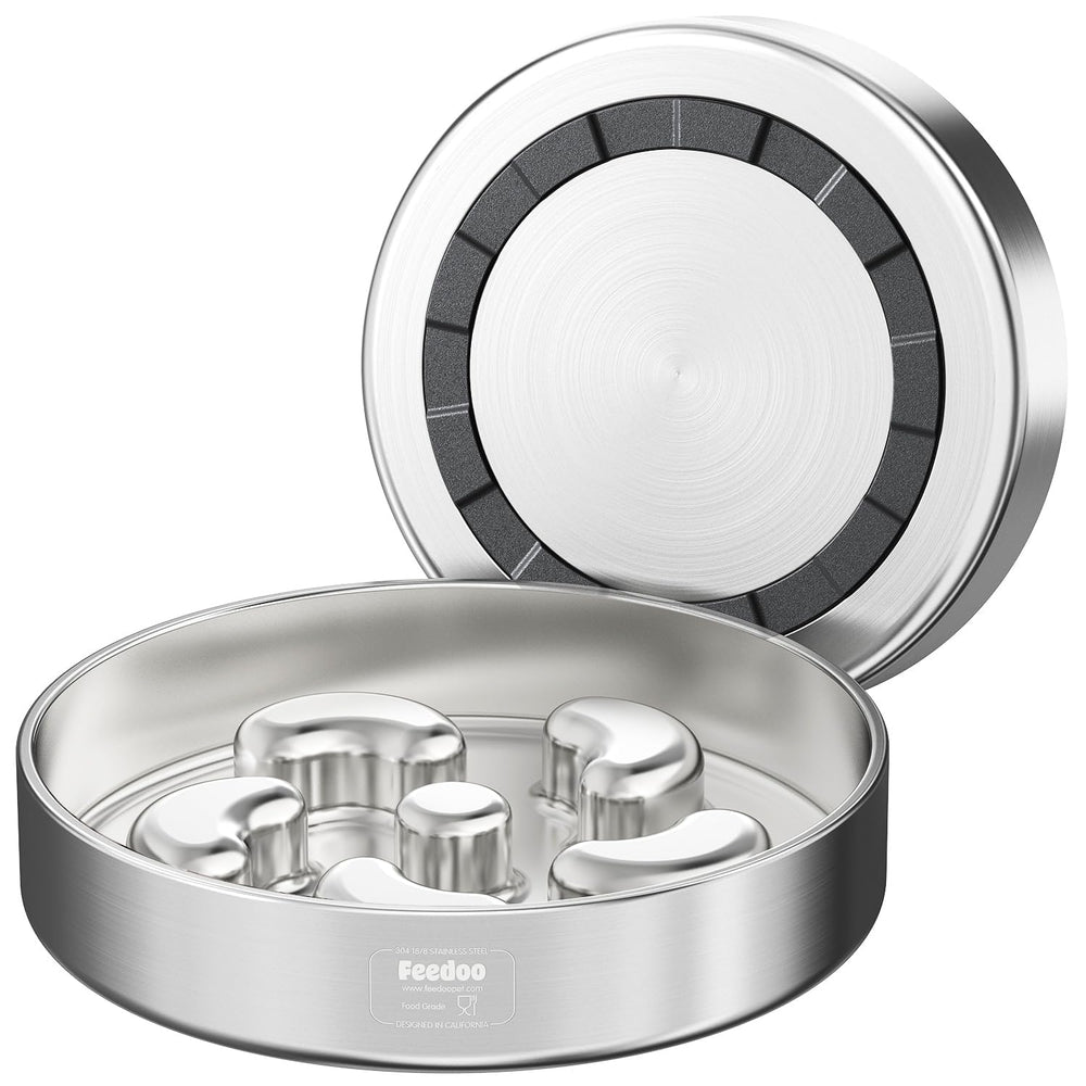 Feedoo front view of slow feeder bowl showing puzzle interior and benefit of slowing eating