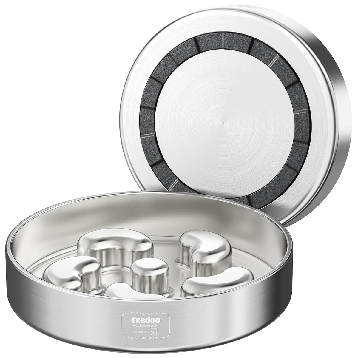 Feedoo front view of slow feeder bowl showing puzzle interior and benefit of slowing eating