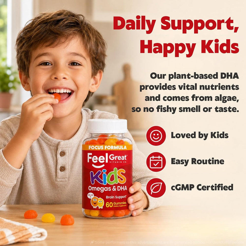 Feel Great Vitamin Company bottle near lunchbox illustrating easy packable school routine benefit