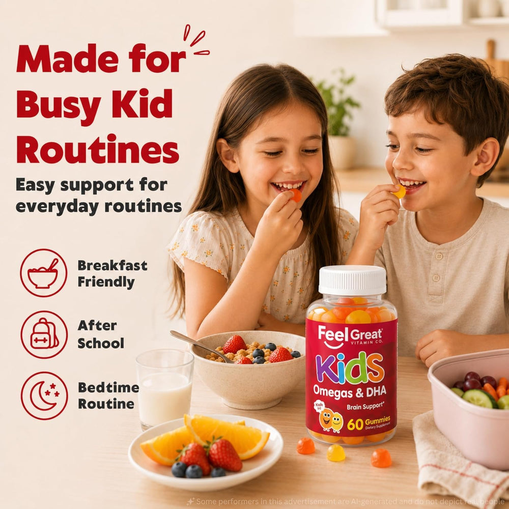 Feel Great Vitamin Company child taking gummy smiling demonstrating kid-approved taste benefit