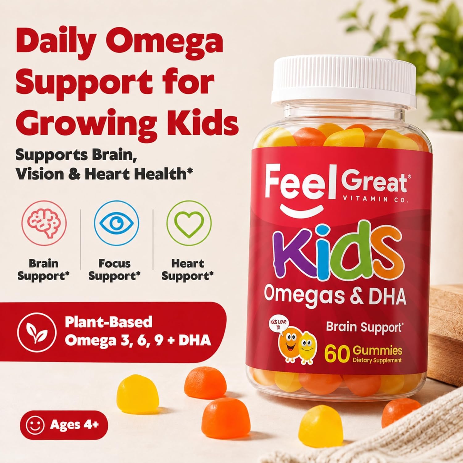 Feel Great Vitamin Company gummies beside measuring spoon showing serving-size clarity benefit