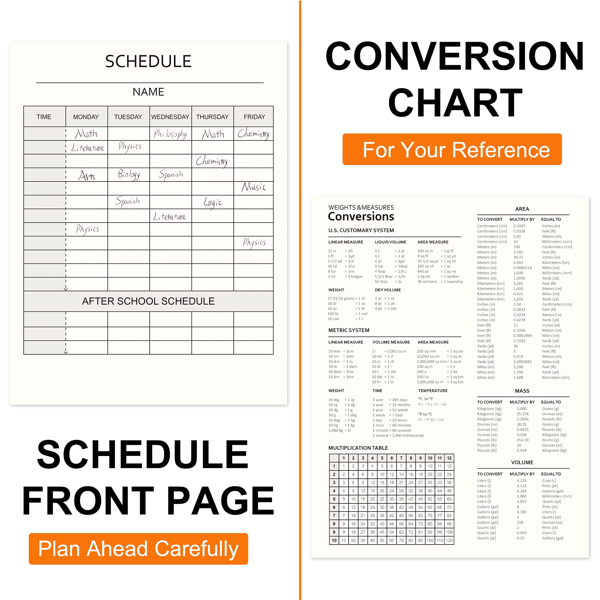 feela schedule reference backpage showing conversions and lists that aid quick planning