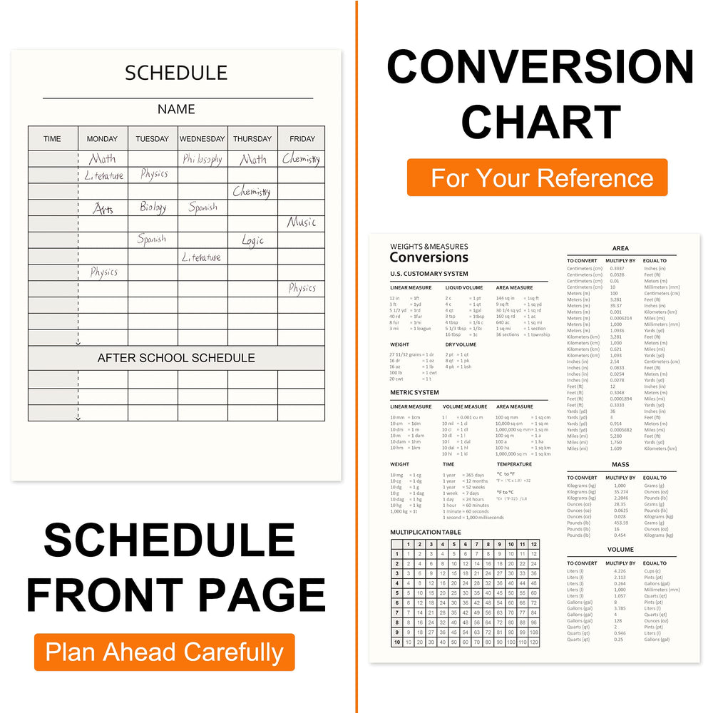 feela schedule reference backpage showing conversions and lists that aid quick planning