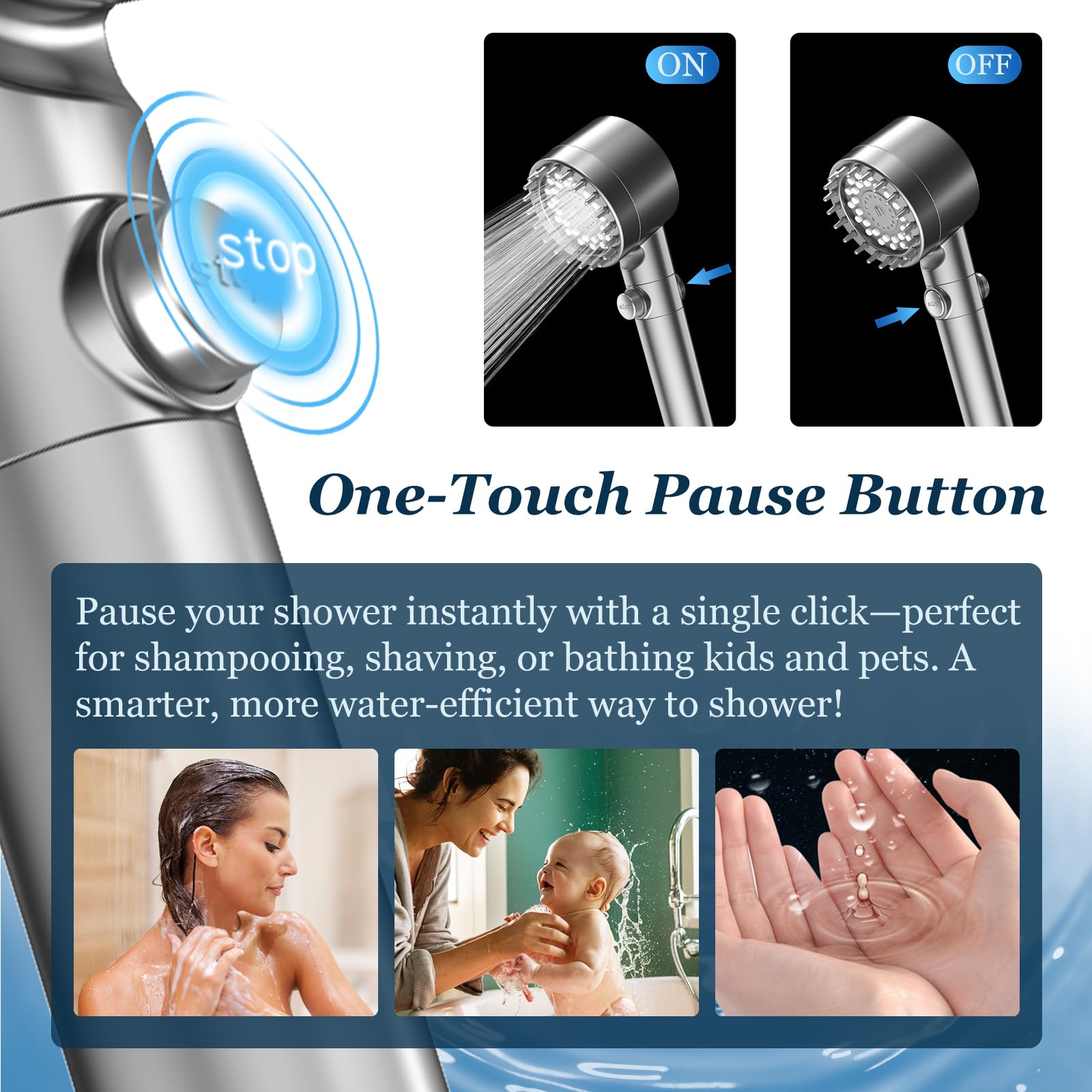 FEELSO one-touch pause button detail enabling quick water control and water-saving benefit