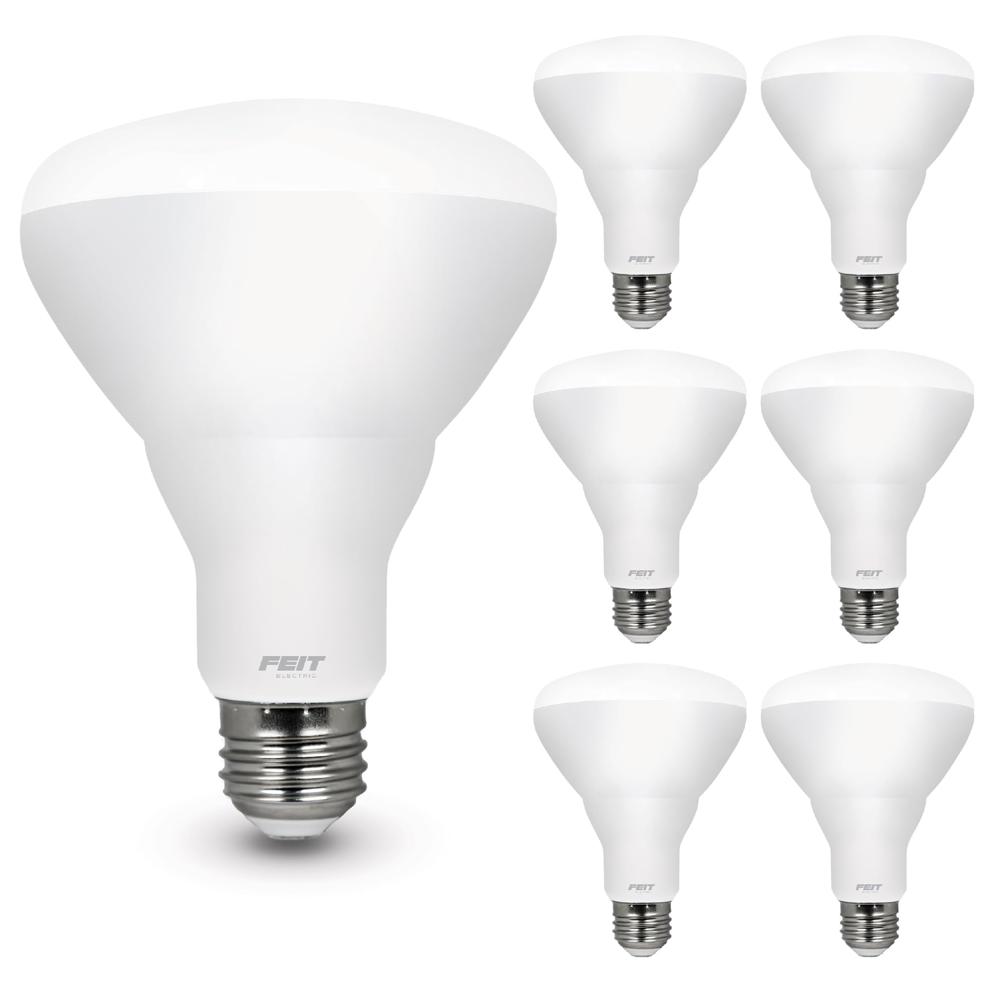 Feit Electric BR30 front packaging showing six bulbs for quick identification and energy savings
