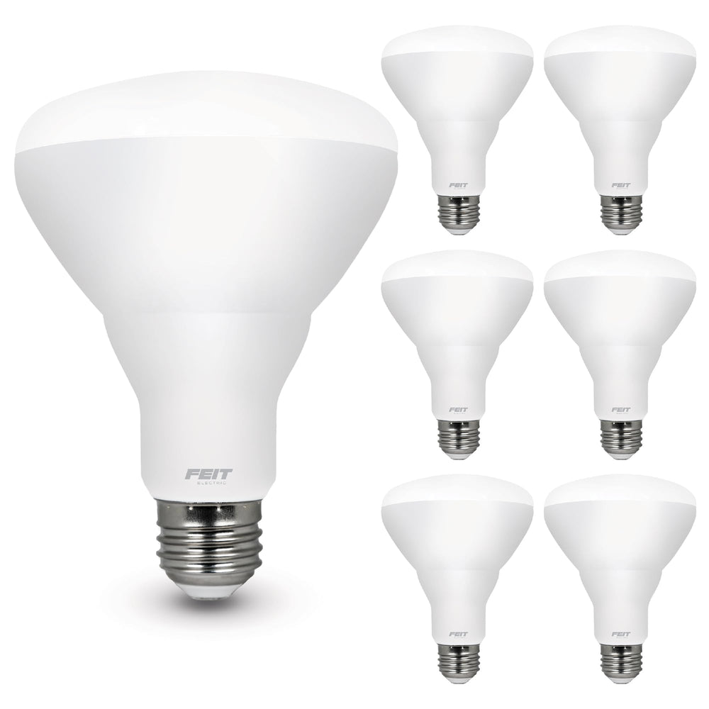 Feit Electric BR30 front packaging showing six bulbs for quick identification and energy savings