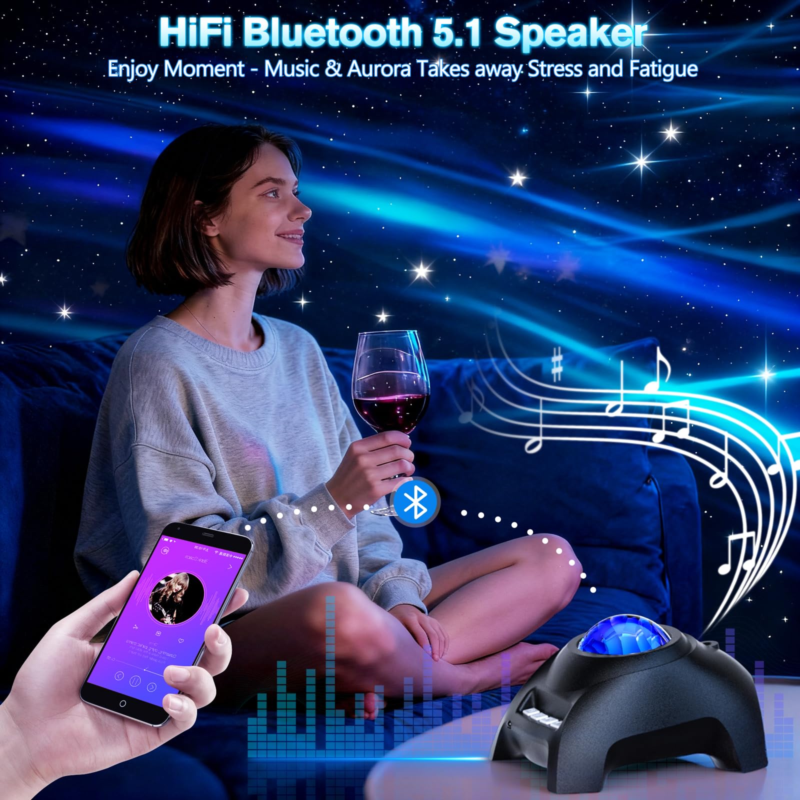 FEKTIK projector at party syncing lights to Bluetooth music