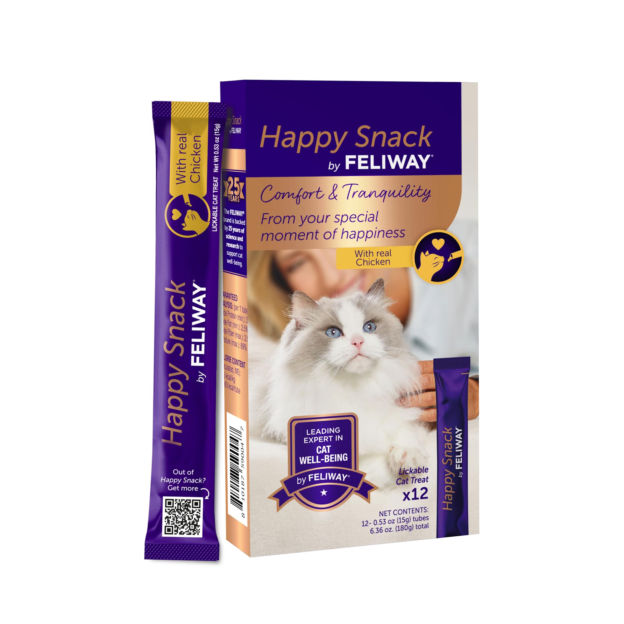 FELIWAY Happy Snack front packaging showing 12 tubes and calming benefit